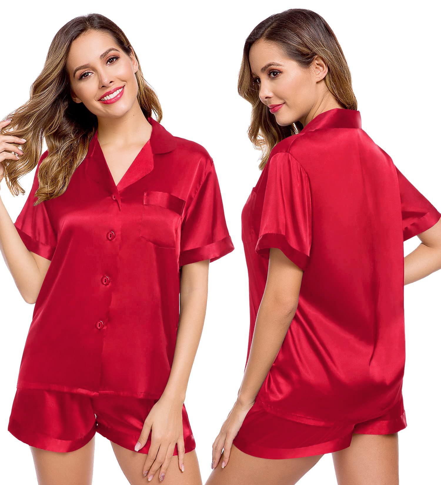 LecGee Womens Silk Satin Pajamas Set Button Down Short Sleeve Pj Sets 2 Pcs Loungewear XS-XXL, Red X-Large