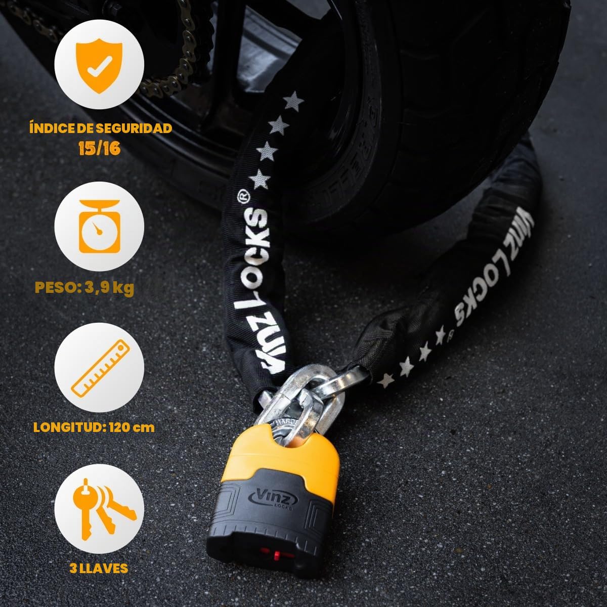 VINZ Makalu Candado de Moto | Antirrobo con Llave | Homologada ART 4 | Testado Acero Endurecido ø11mm | Candado de Cadena/Cadena de cerradura para Motos & Scooters - 120cm