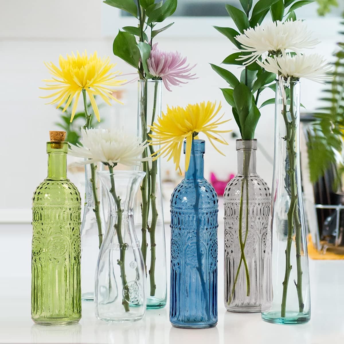 Vintage Vase Decorative Glass Vases, 9.6 inch Embossed Colored Glass Bottles,Large Wine Bottle Size,Set of 3 with Cork Lid-Flower Bud Vases, Garden Decor, Suncatchers, vase (Cold)