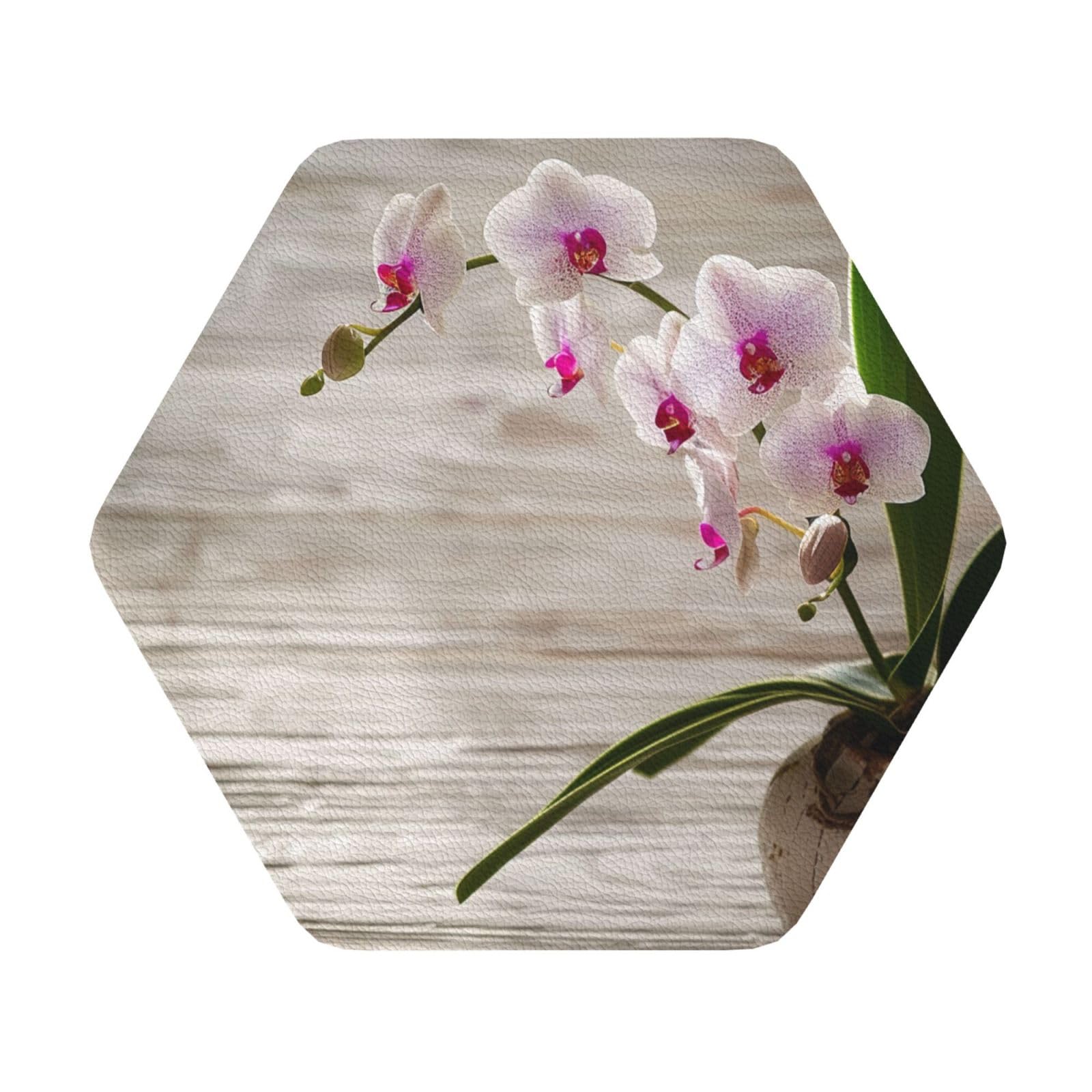 Orchid Printed Coasters for Drinks, Leather Coaster Sets of 4, Funny Coffee Cup Coaster, Absorbent Coaster for Home and Office Kitchen Bar Hexagon