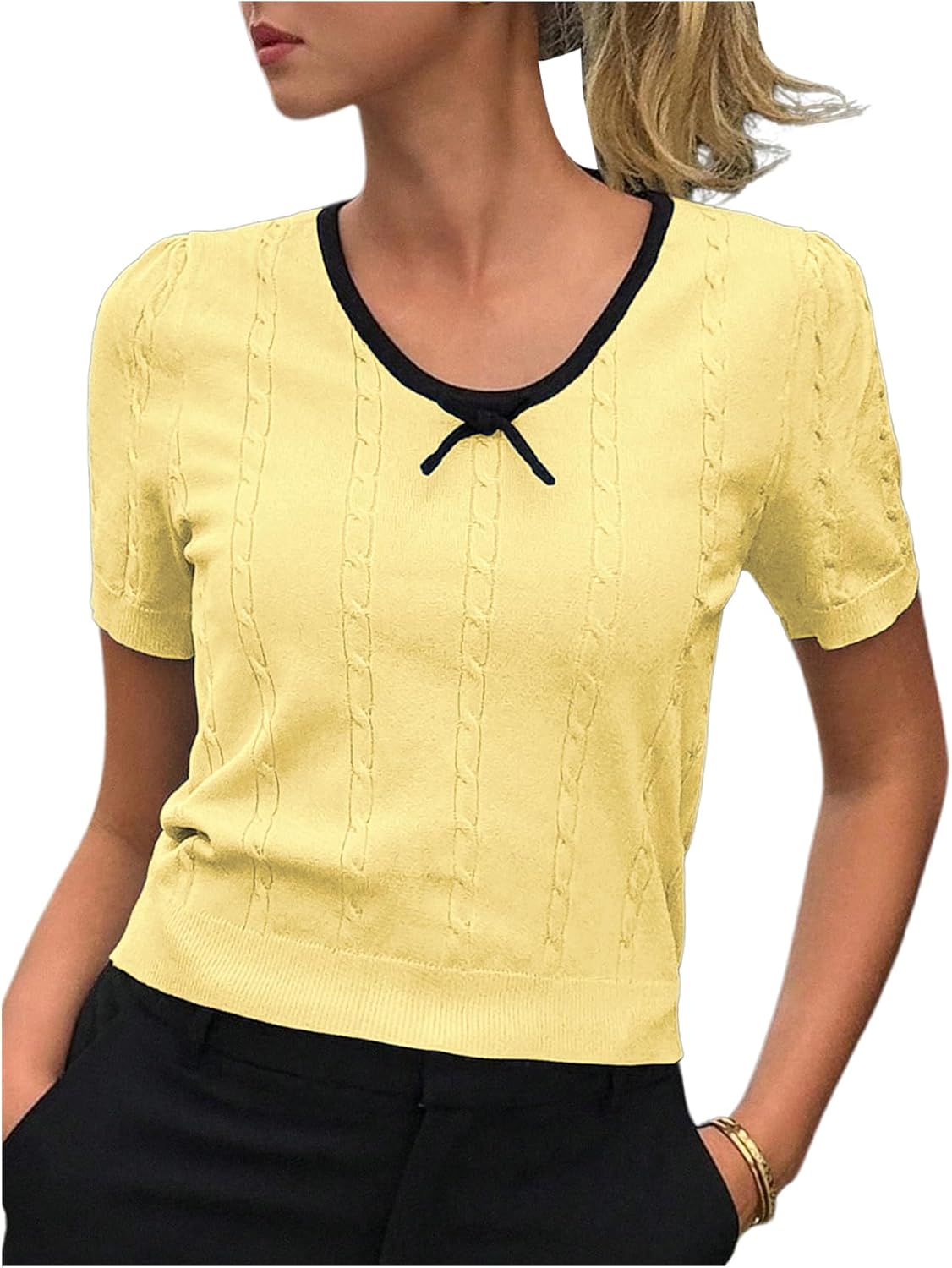 SOLY HUX Women's Ribbed Sweater Bow Crew Neck Short Sleeve Knit Pullover Fall Casual Going Out Tops