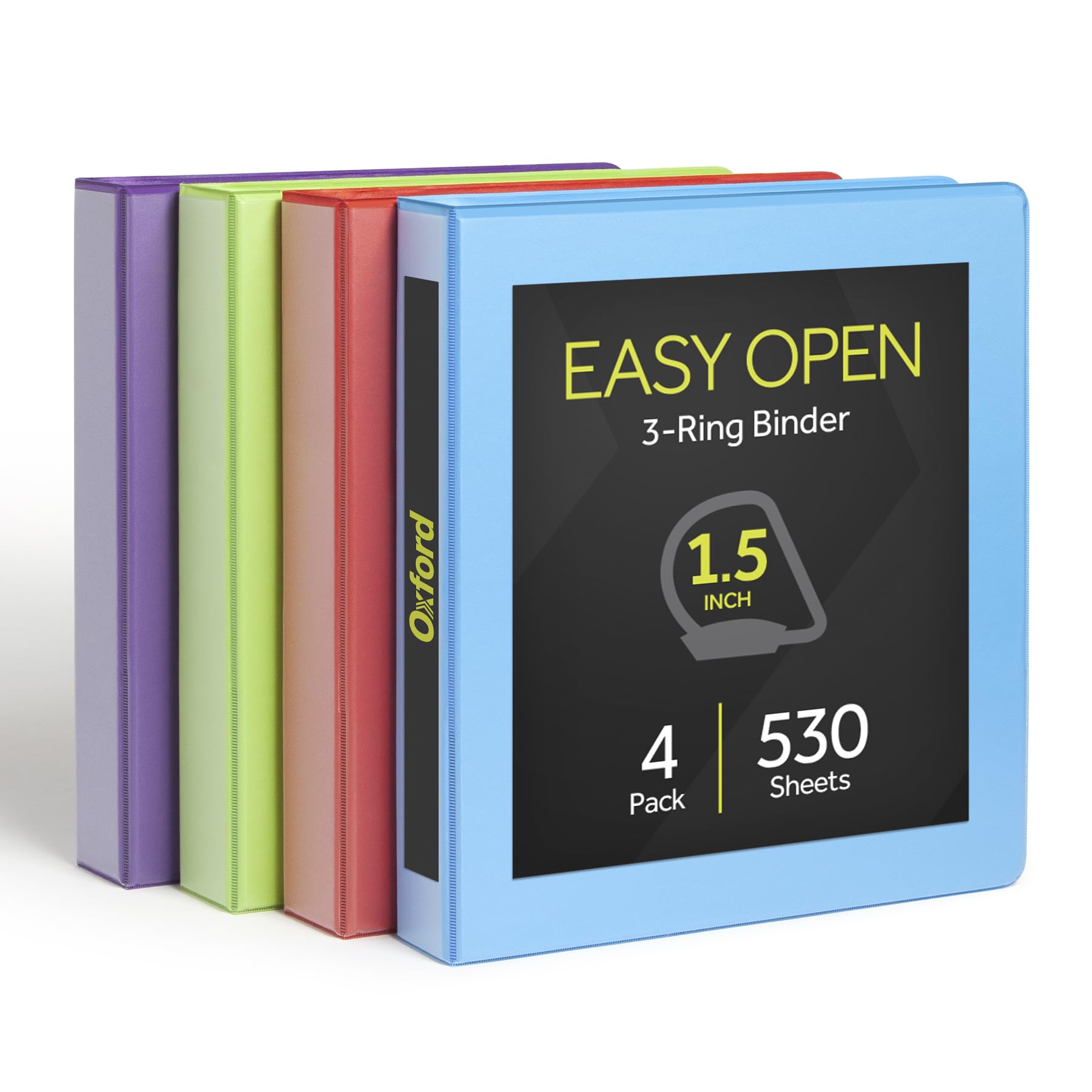 Oxford Lot de 4 classeurs à 3 anneaux, anneaux en D faciles à ouvrir de 3,8 cm, couvertures de classeur à 3 côtés, charnière Xtralife, antiadhésive, sans PVC, couleurs assorties, capacité de 375