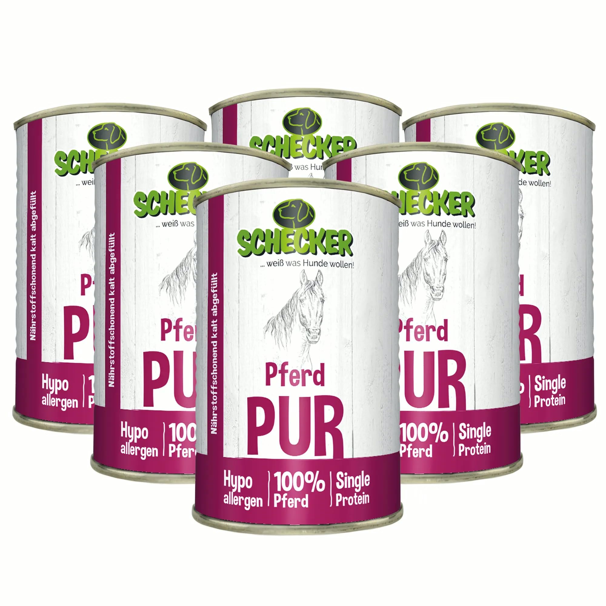 Schecker Nassfutter für den Hund - 100% Pferd pur, 6 Stück, 410 g