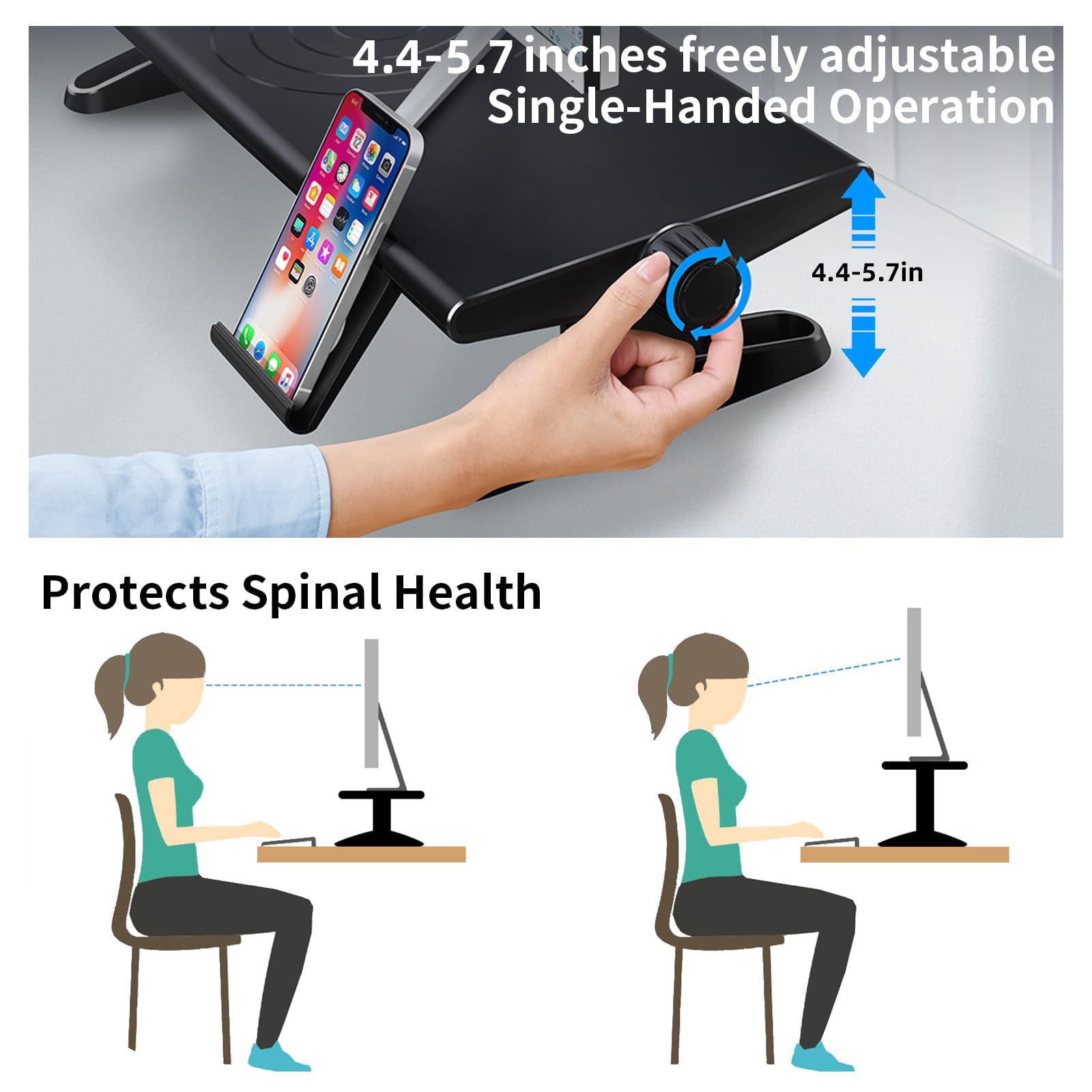 Supporto per monitor da scrivania, regolabile in altezza da 11,3 a 14,6 cm, con supporto per telefono, supporto singolo per computer portatile, stampante, TV, accessori ergonomici per ufficio
