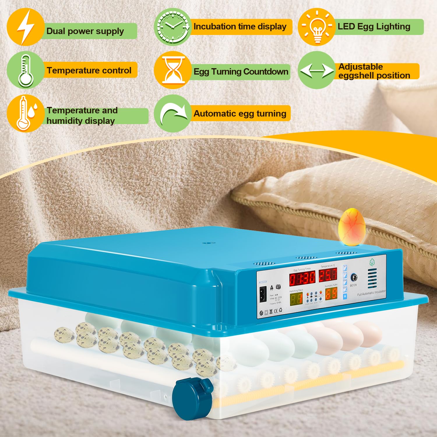 Randaco Incubadora totalmente automática, incubadora para pollos, incubadora con pantalla LED, control de temperatura, sistema de rotación automático, iluminación LED (64 huevos)