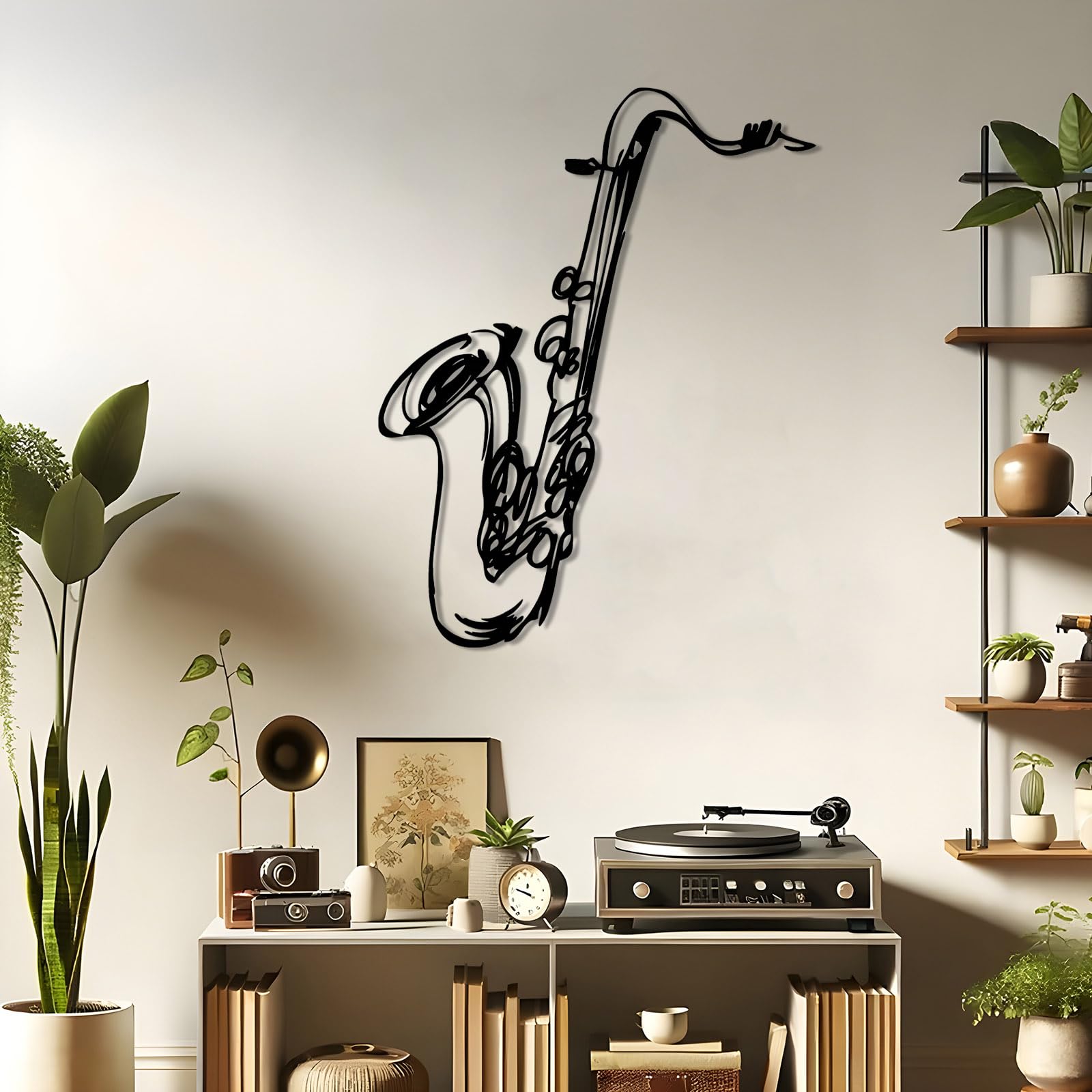 Decorazione da Parete Sassofono in Metallo Bianco 90 X 70 Cm Arte Murale Jazz Musica Strumento Astratto Decorazione Studio Bar Soggiorno Regalo Musicista White 19L x 14W