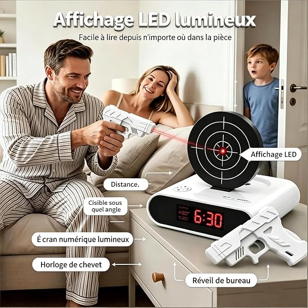 Réveil Pistolet Cible Interactif LED, Jeu de Tir Laser avec 2 Modes d'Alarme Puissants, Grand Écran Numérique, Horloge de Bureau Créative pour Gros Dormeurs, Cadeau Original Chambre Salon (Noir) - 5