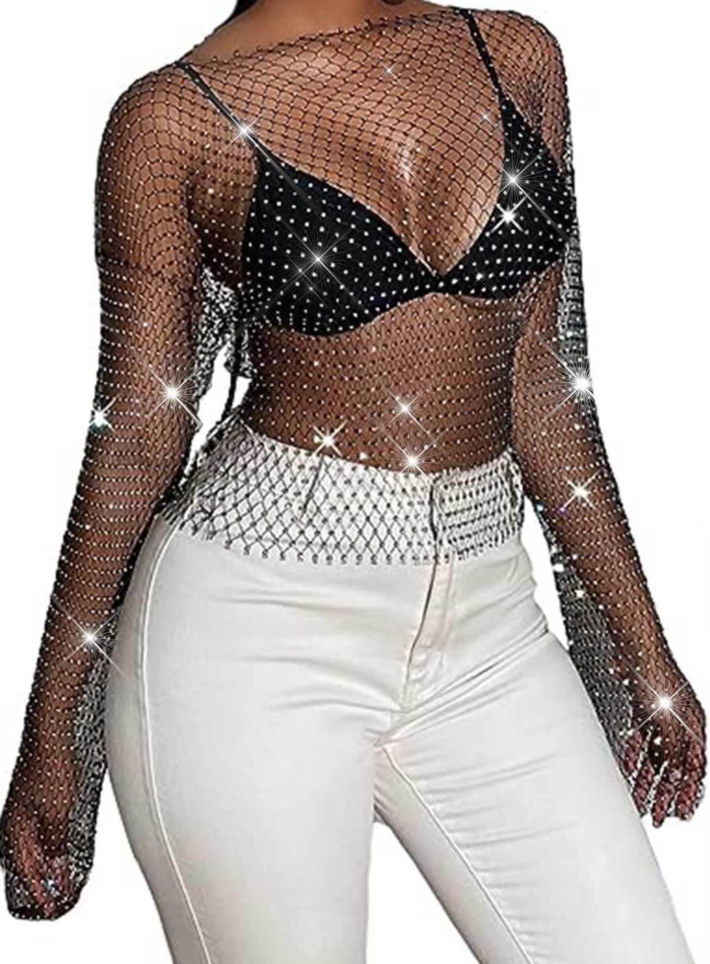 Asooll Rhinestone Mesh Tops Black See Through Sparkly Fishnet Crop Top for Women