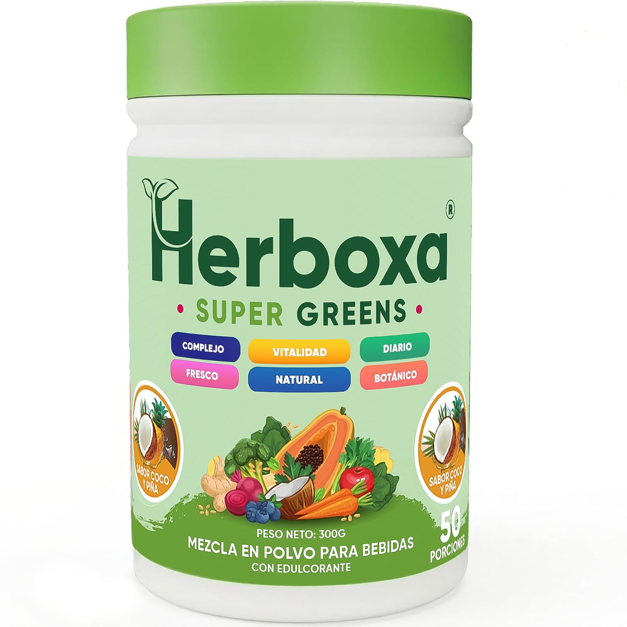 Herboxa Super Greens Polvo con Más de 30 Superalimentos Verdes, con Probióticos y Enzimas, Sabor coco piña, Complemento Alimenticio, 50 Porciones