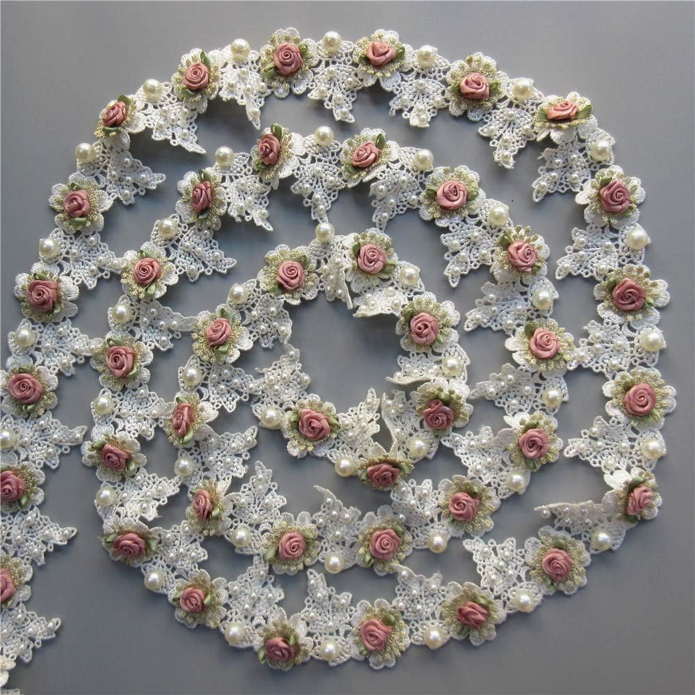 1 Yard Vintage Gold Pearl Rose Flowers Embroidered Lace Trim Fabric Floral Appliques Lace Ribbon Bridal Ornaments Handmade DIY Sewing Supplies Craft for Costume Hat Decoration 1.96" Wide