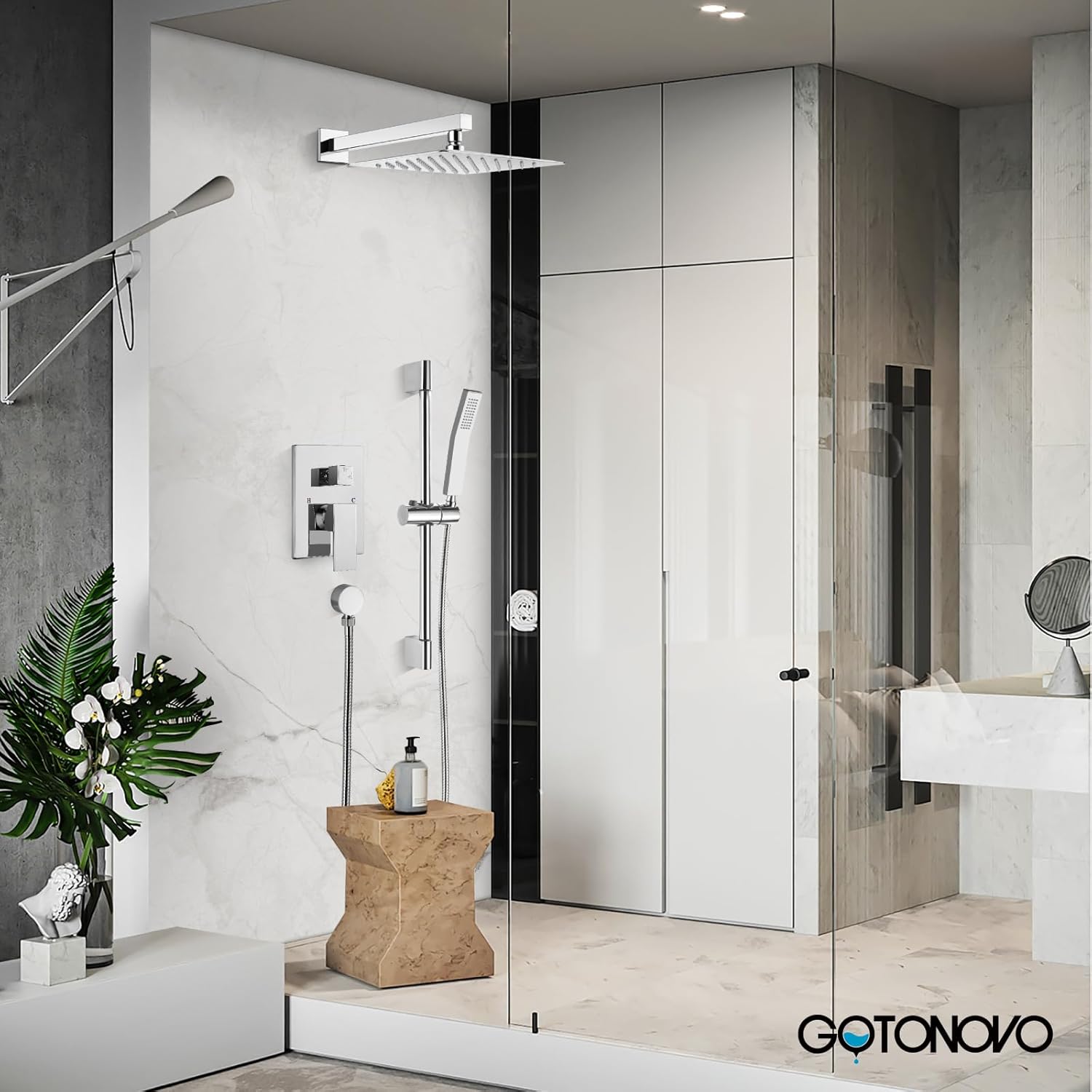 gotonovo Bathroom Shower Faucet Set with Slide Bar 12 inch Rainfall Shower Head with Handheld Spray Combo Shower Trim Kit Shower System Rough-in Valve Included Wall Mounted Polished Chrome