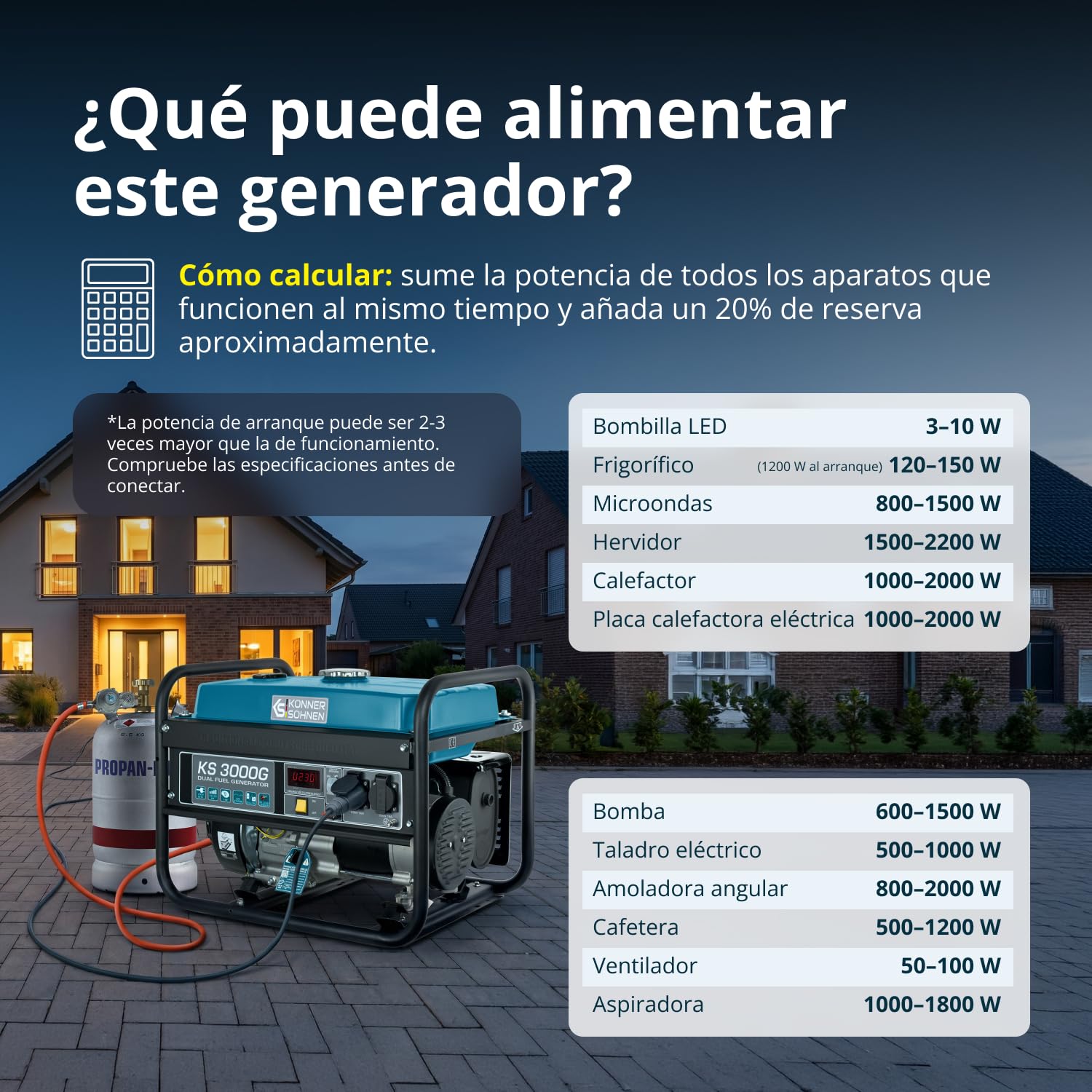 Generador de doble combustible (gasolina y gas) KS 3000G, generador electrico gasolina 3000 W, 2x16A (230 V), 12V, generador 4 tiempos con (AVR), indicador de aceite, protección ante sobrecargas