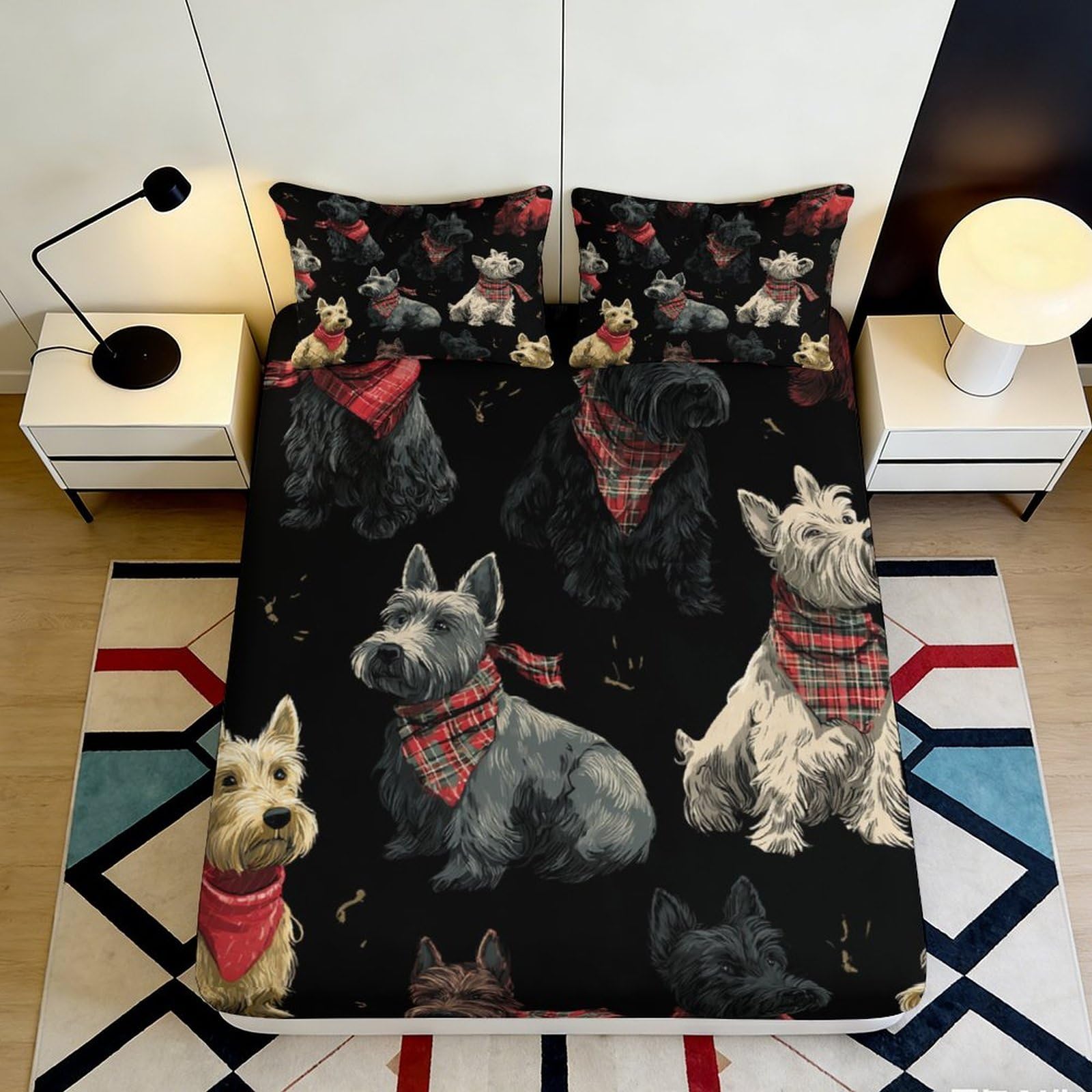 3D Printed Scottish Terrier Fitted Sheet Microfiber Plaid Dog Bed Cover Anti-Slip Easy Care for Bedroom Guest Room 90x200x25cm