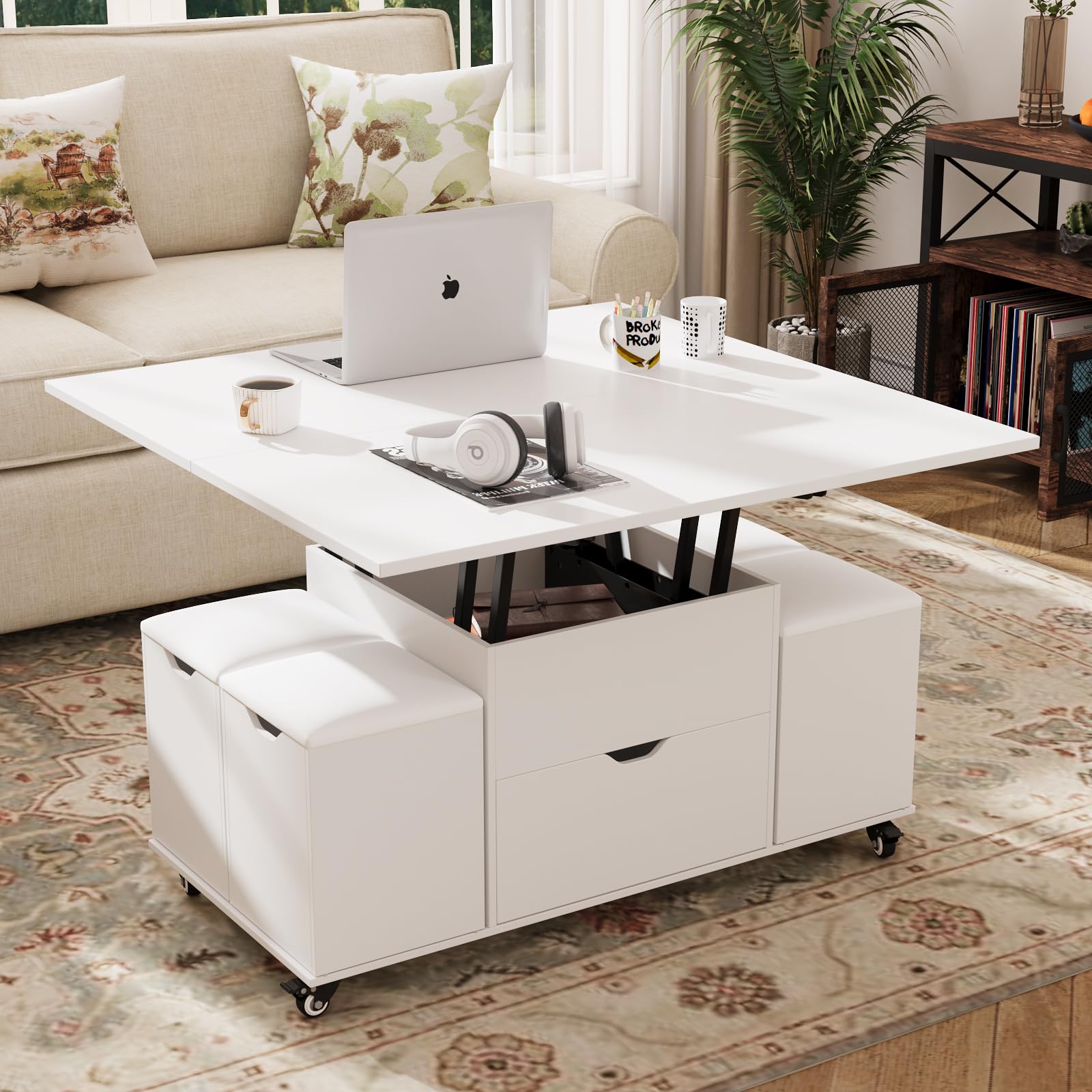 VOWNER Lift Top Coffee Table, 3-in-1 Multifunctional Living Room Table with Drawer & 4 Stools, Convertible Coffee Table into Living Room Dining Table (White)