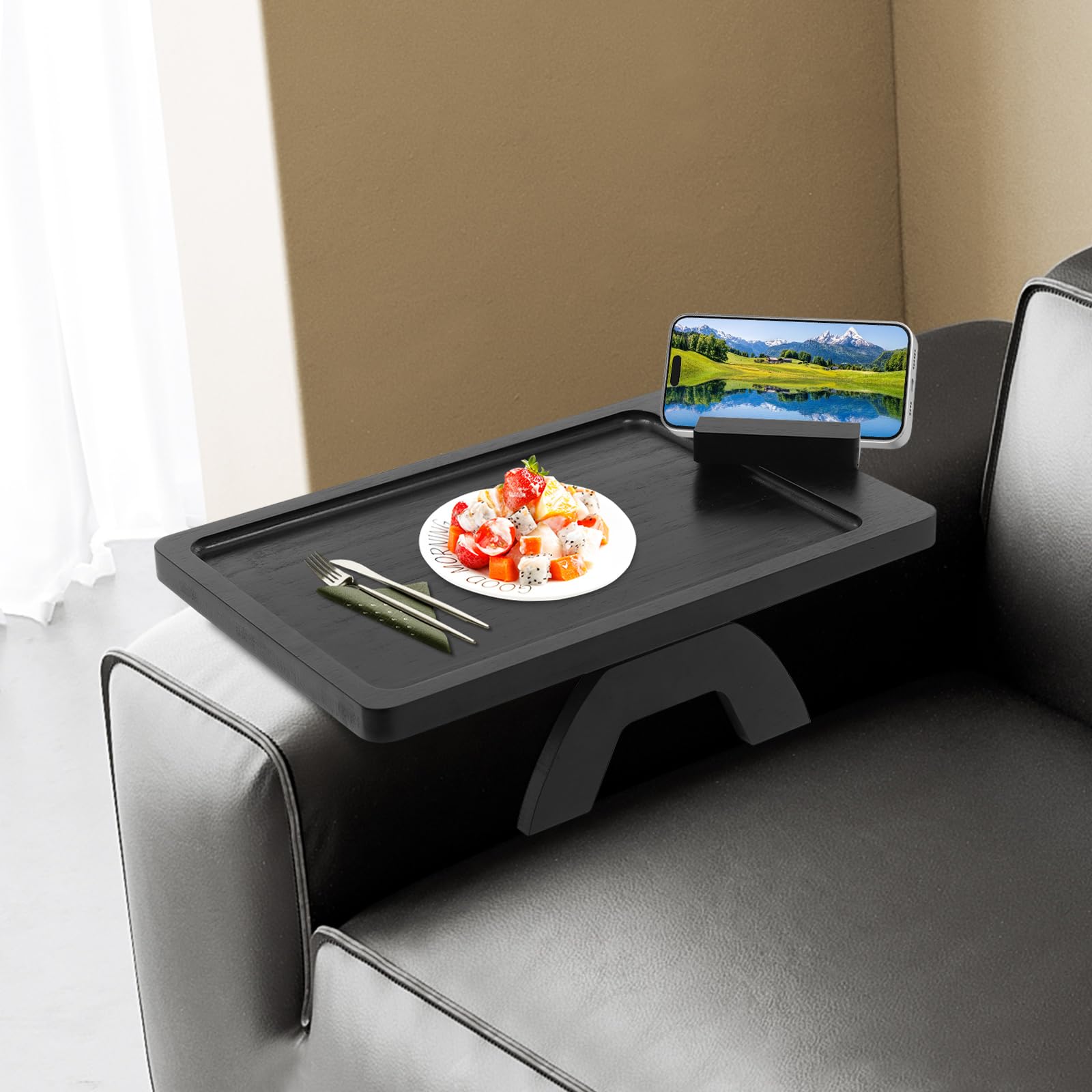 Vassoio Divano Bamb&ugrave; Pieghevole - Tavolino Bracciolo Con Supporto Telefono Girevole