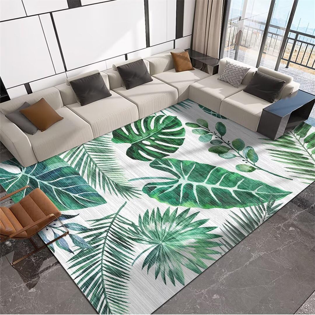 Tapis chambre ado fille vert aux motifs feuilles fraîches pour déco salon