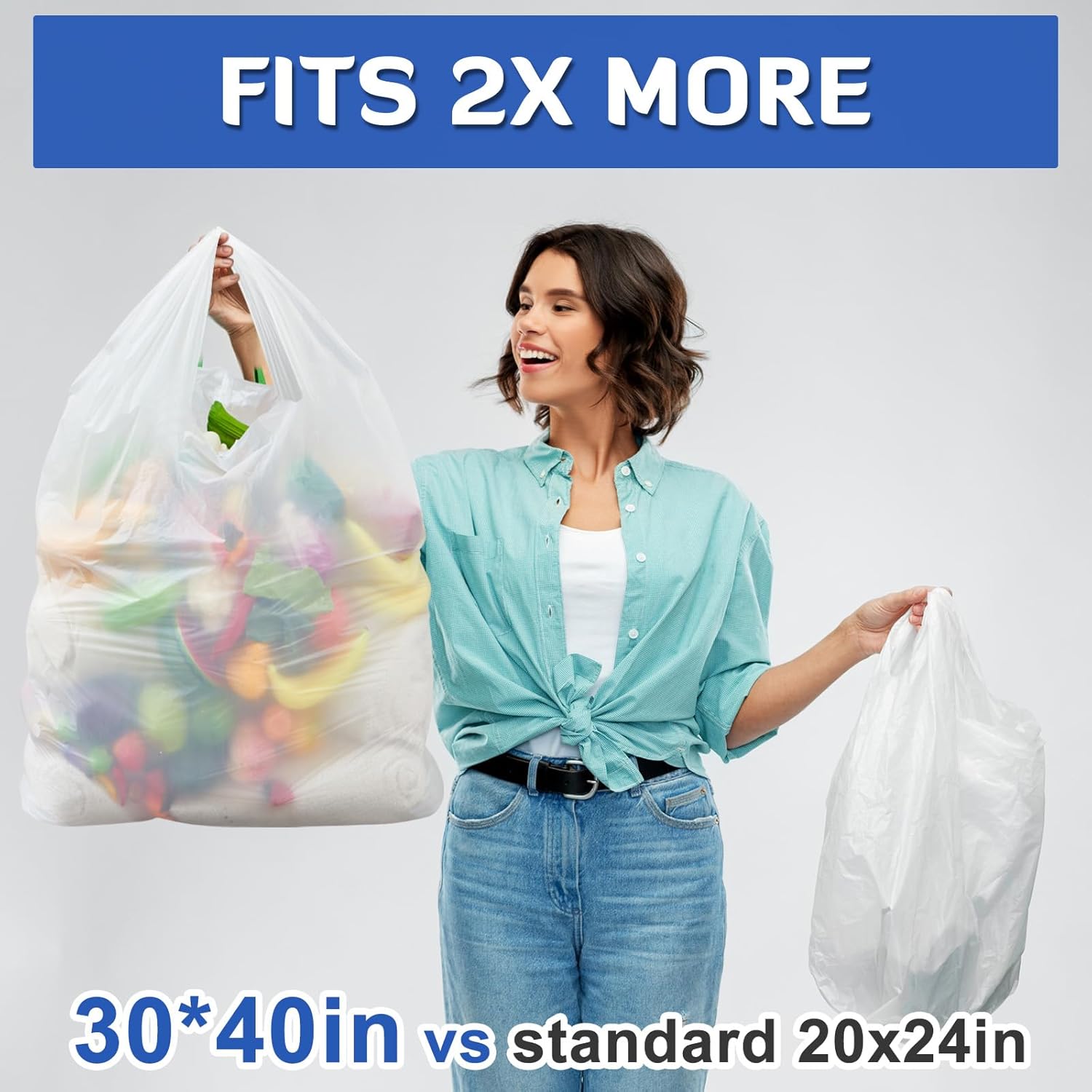 100 Pack 40" x 30" x 8" Extra Large White Plastic Shopping Bags(0.8 Mil Thick) Reusable Heavy Duty Large T-shirt Grocery Bags Bulk with Handles for Restaurant, Retail, Business