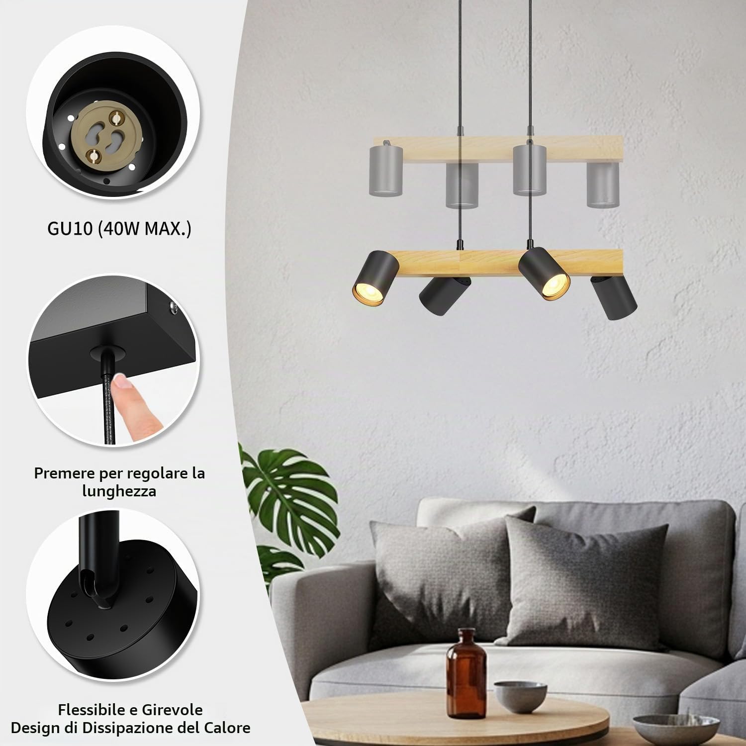 LVWIT Lampadario Sala da Pranzo Nero, Lampadari Cucina con 4 Luci in Aluminium, Lampadario Sospeso Legno GU10, Lampadari Pendente per Cameretta, Tavolo da Pranzo, Soggiorno(Senza Lampadina)