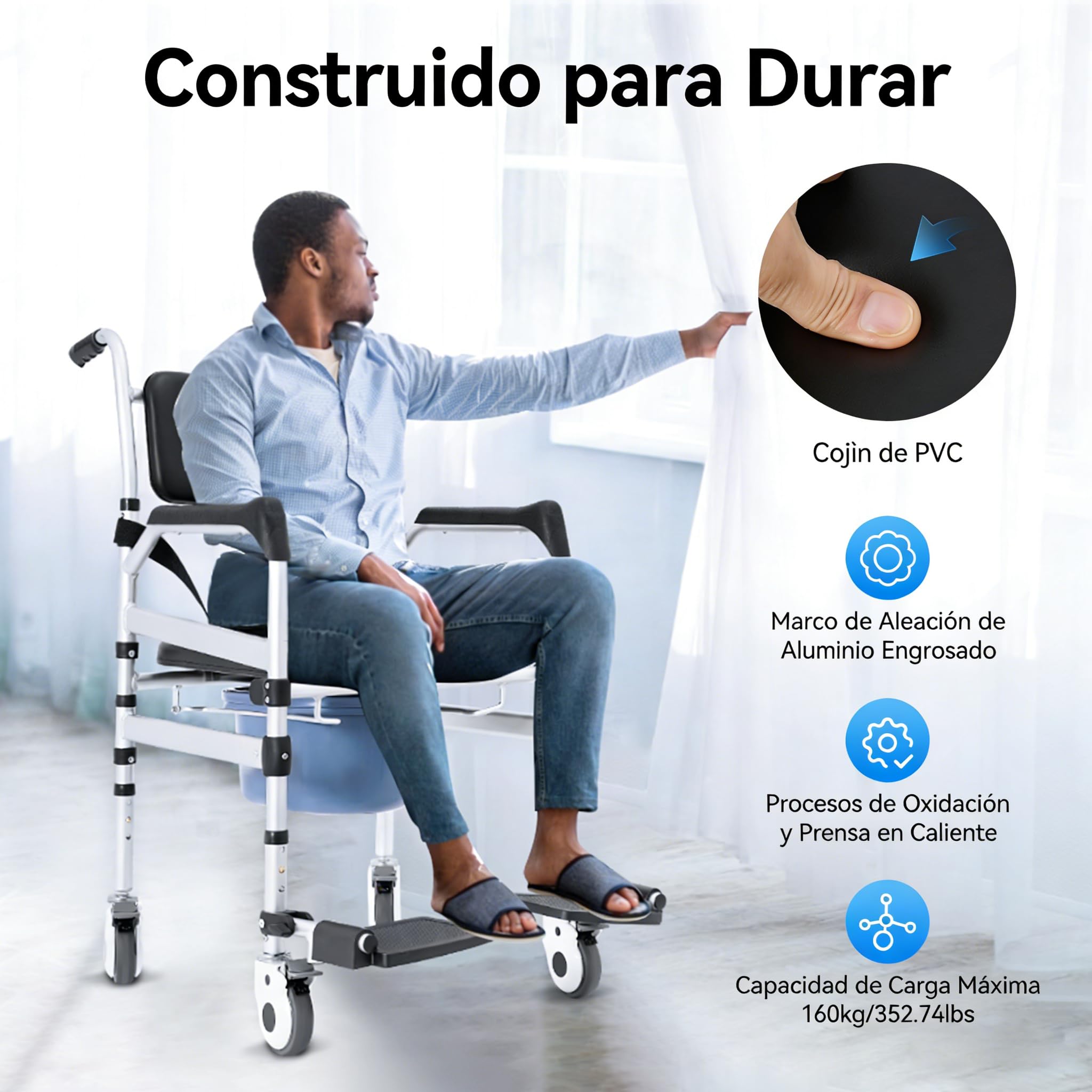 Silla de Ducha con Ruedas, 48 – 54 cm de Altura, Plegable, Capacidad de Carga de 100 kg, para Personas Mayores, Silla de Ruedas a Prueba de caídas con Inodoro, Cubo extraíble (Modelo 2)