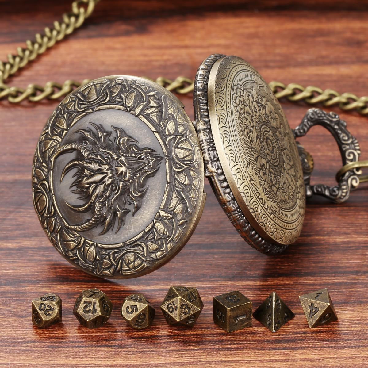 Mini DND Dice Set including Dragon Heads Pocket Watch Shell Case, D&D Starter Set, 7pcs Polyhedral Mini Metal Dice Set - Image 3