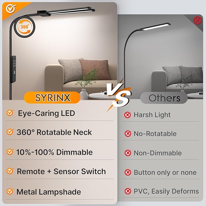 Syrinx Syrinx LED Floor Lamp, Dual Head Gooseneck Floor Lamps for Living Room with Gesture Switch & Remote Control, 14W Bright Tall Standing Lamp Modern Eye-Caring Reading Floor Lamp for Bedroom Office photo 3