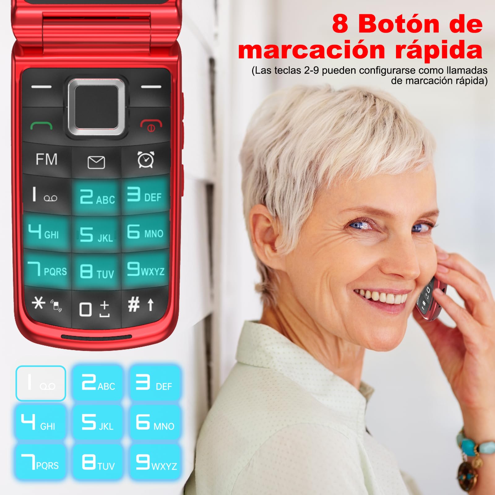 CHAKEYAKE 4G Telefono Movil para Mayores Libre con Teclas Grandes, Doble SIM Doble Pantalla LCD, Teléfono Móvil Personas Mayores con Botón SOS, Cable USB C | Batería 1000mah | Base Cargadora | Rojo