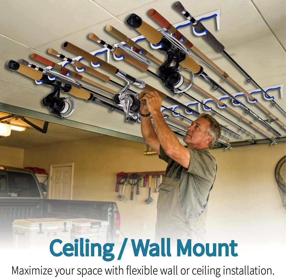 2-Pack Fishing Rod Holder 5-Slot Fishing Pole Rack, Wall or Ceiling Mount Heavy-Duty Organizer; Space-Saving for Garage, Tackle Room, Boat Storage，Black-Blue