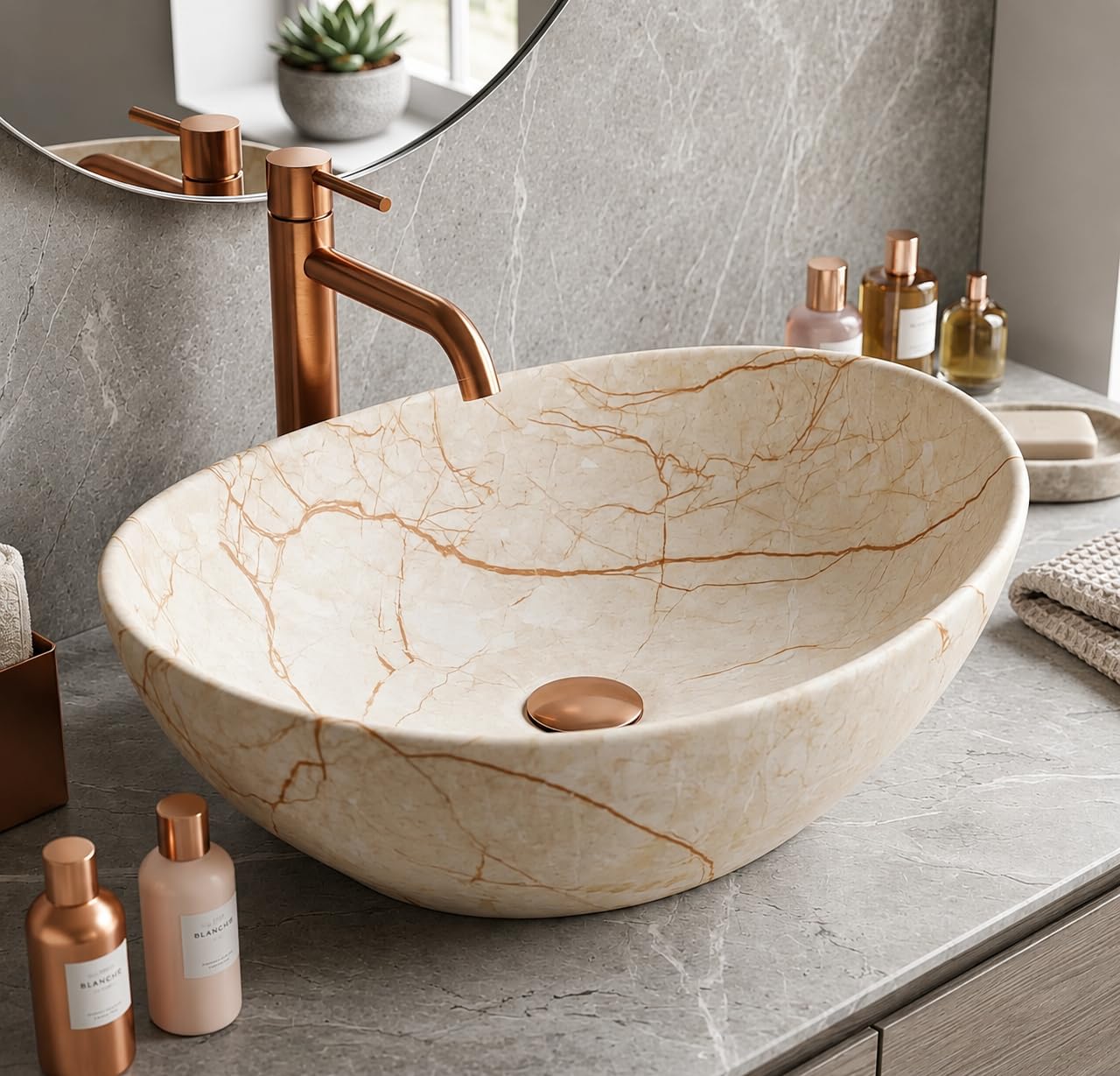 BASSINO Ceramic Counter Top Kitchen Wash Basin/Designer Basin for Bathroom/White Bowl Shape Tabletop Washbasin with Brown Veins for Restaurant/Dining Hall/Living Room/Hotel(16 x 13 x 5.5 Inch)-image-26