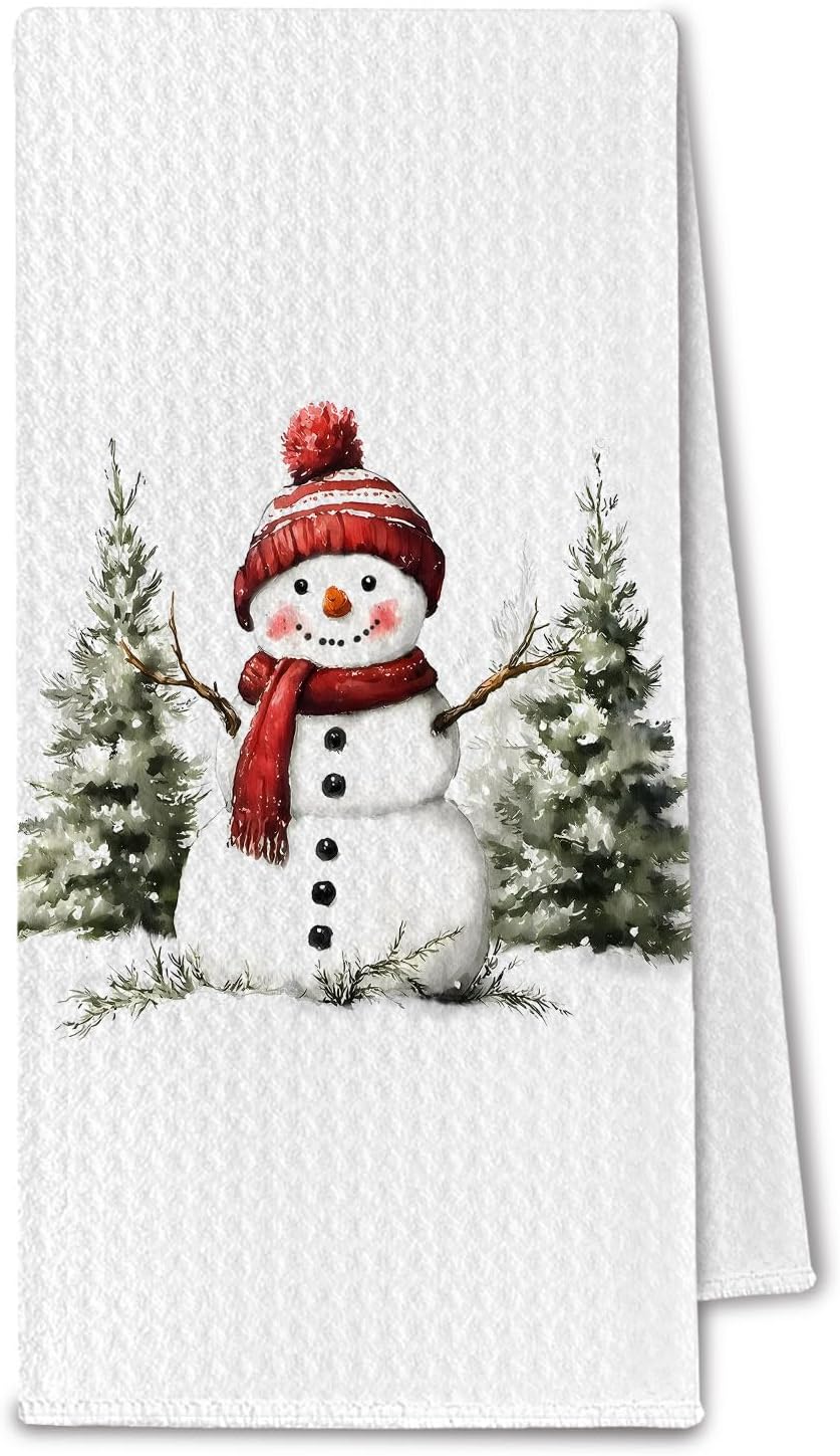 Winter Christmas Tree Snowman Kitchen Towels, Farmhouse Christmas Dish Towels Drying Cloth for Kitchen, Holiday Snowman Xmas Tree Decorative Hand Towel for Bathroom, 16x24 Inch
