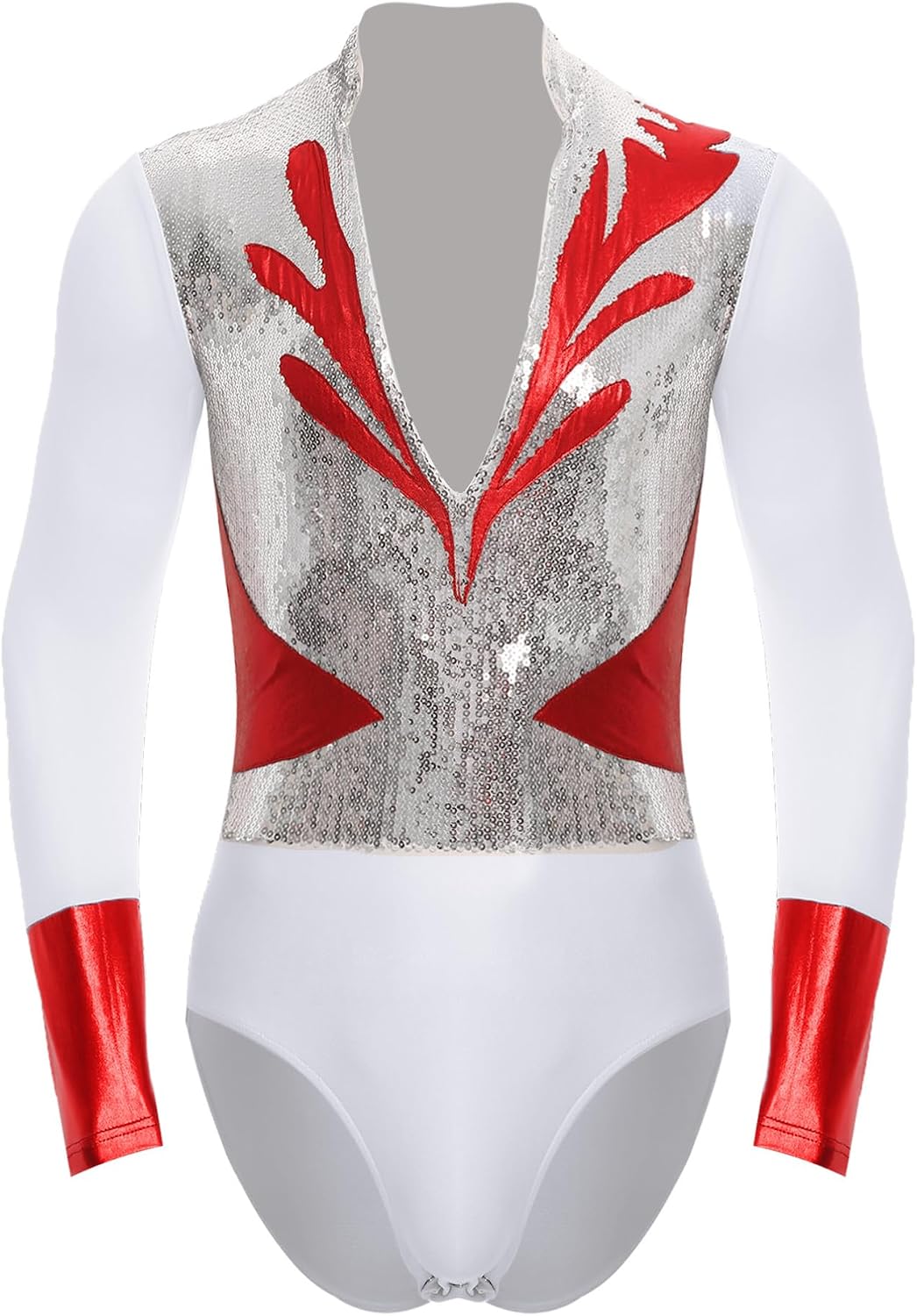 TiaoBug Men Shiny Metallic V Neck Long Sleeves Latin Dance Shirt Figure Skating Dance Leotard Bodysuit