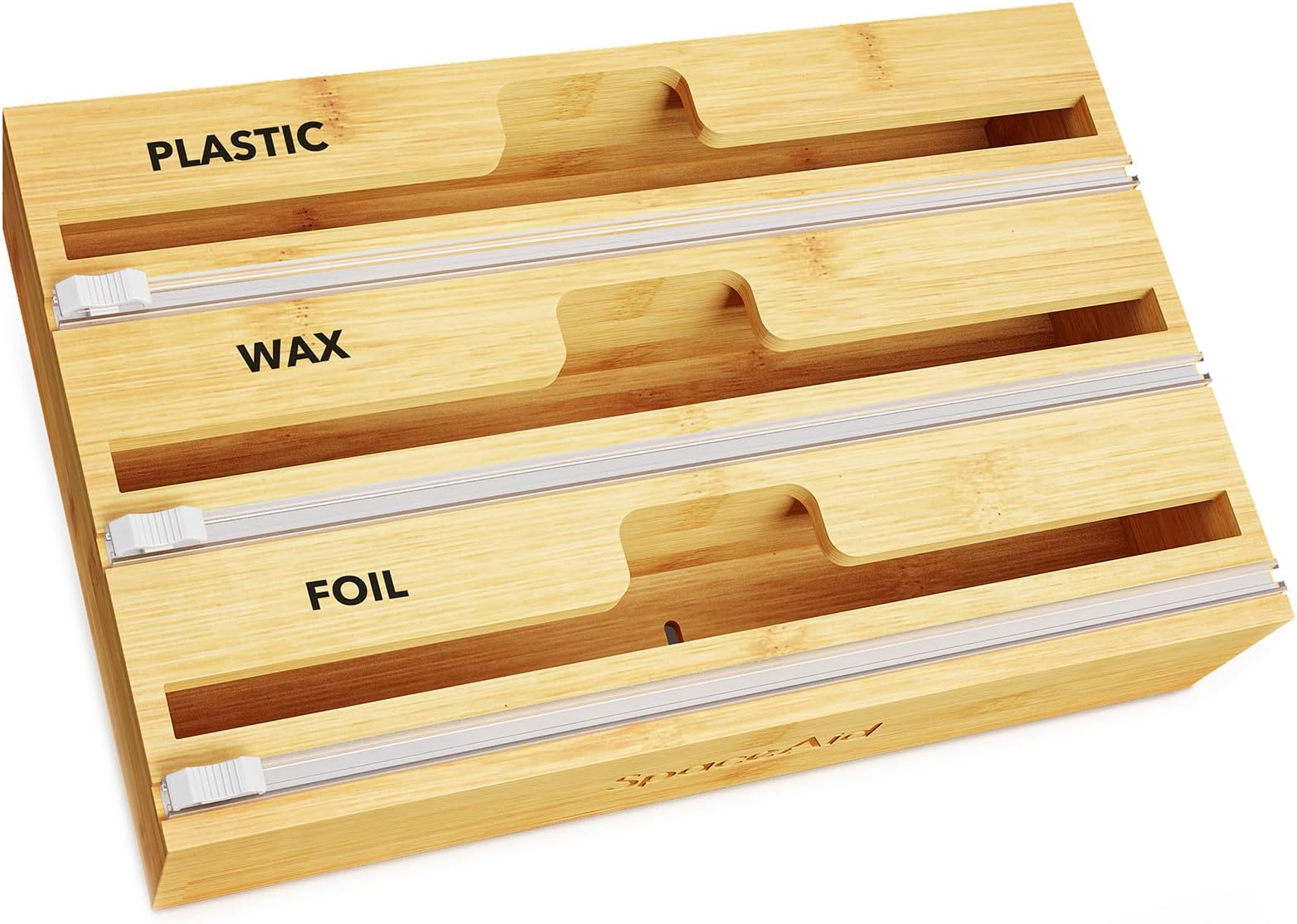 SpaceAid WrapNeat 3 in 1 Wrap Organizer with Cutter and Labels, Plastic Wrap, Aluminum Foil and Wax Bamboo Dispenser for Kitchen Storage Organization Holder for 12" Roll (Natural, 3-Slot)
