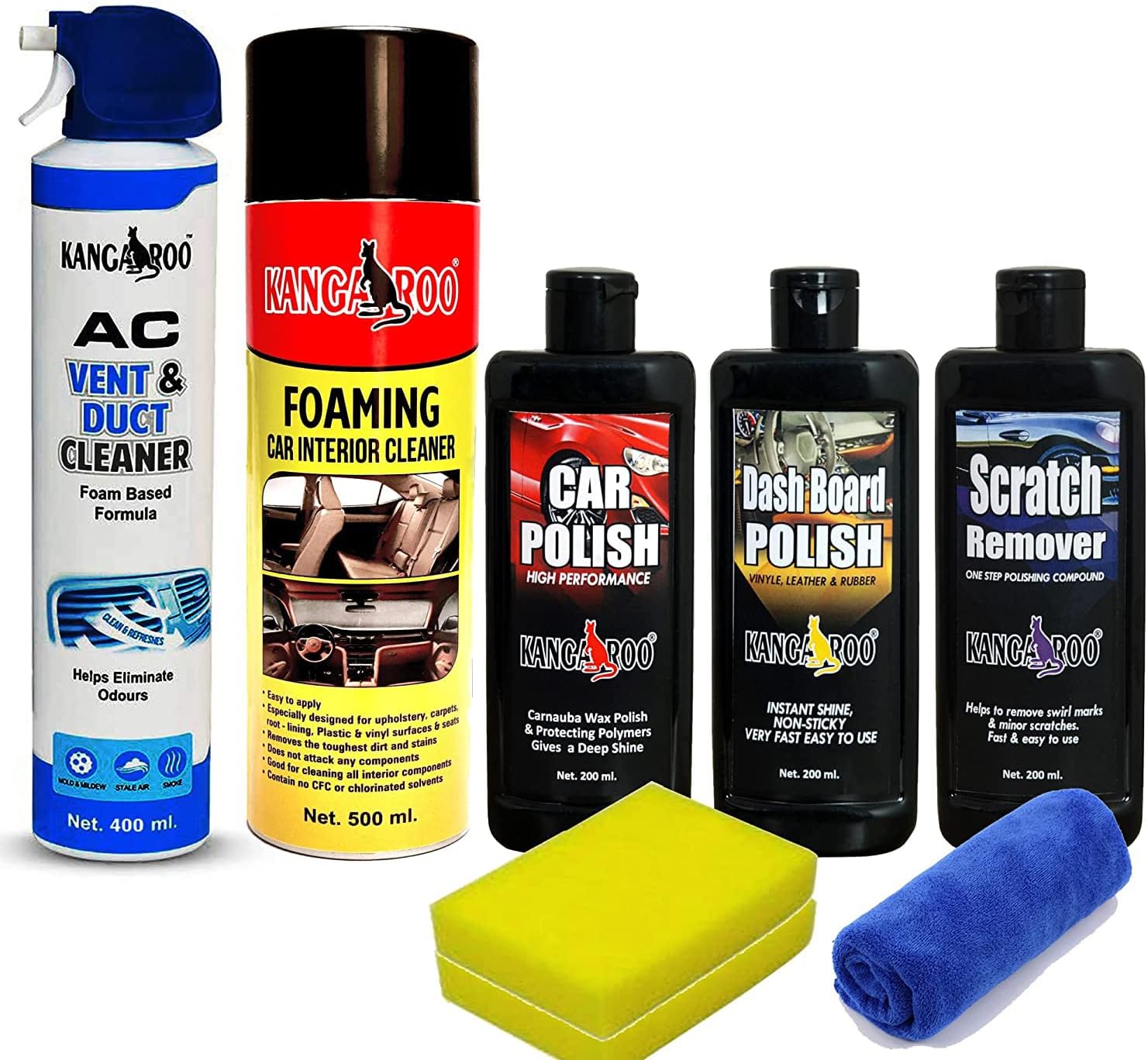 Kangaroo® Car Care Kit (Car Polish + Dashboard Polish + Scratch Remover) 200 ML Each with Foaming Car Interior Cleaner Spray 500 ML and Car AC Vent & Duct Cleaner 400 ml