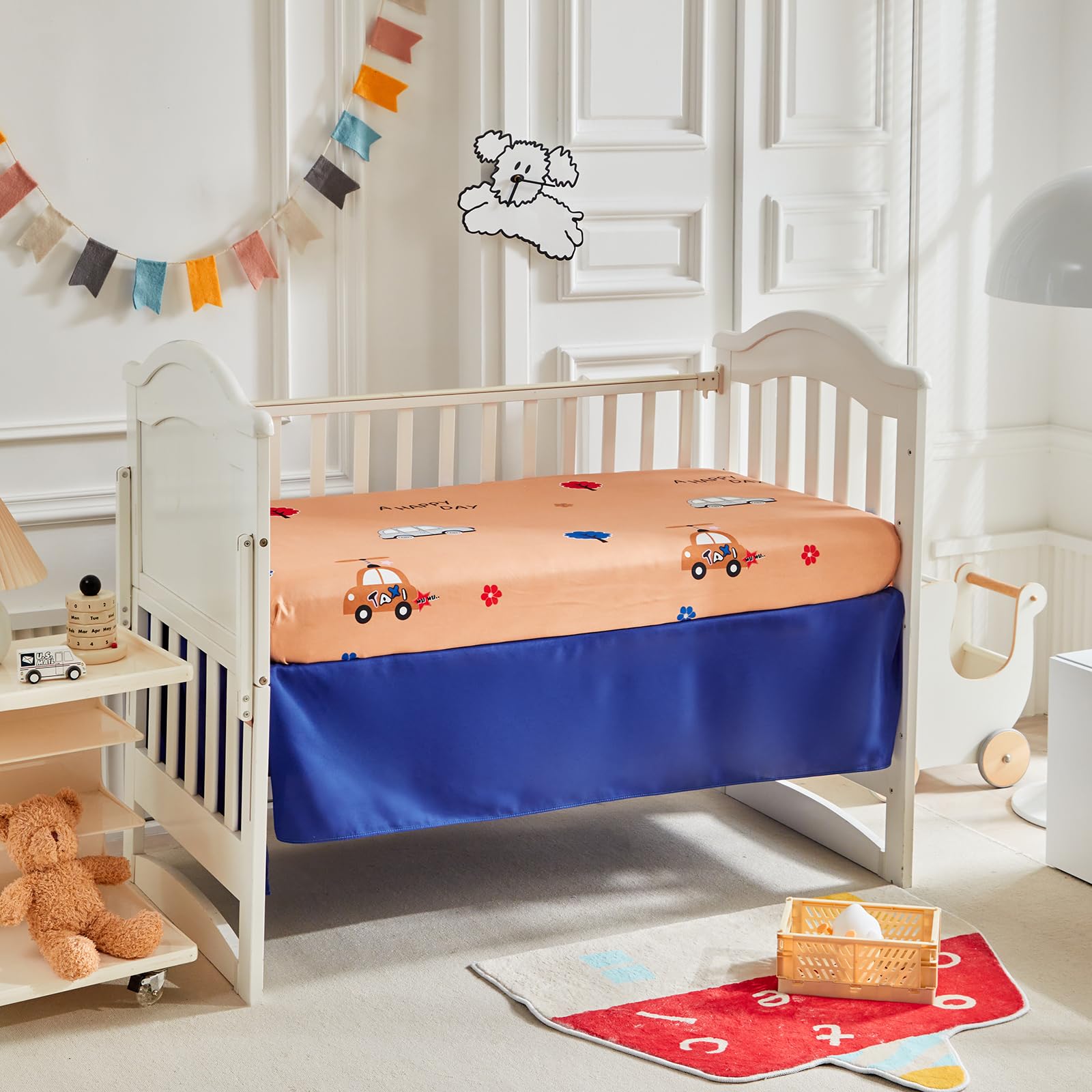 Juego de ropa de cama de 3 piezas para cuna, edredón azul marino con coches azules, verdes y rojos, edredón acolchado, sábana bajera y falda para bebés niños y niñas, bonito juego de cama colorido
