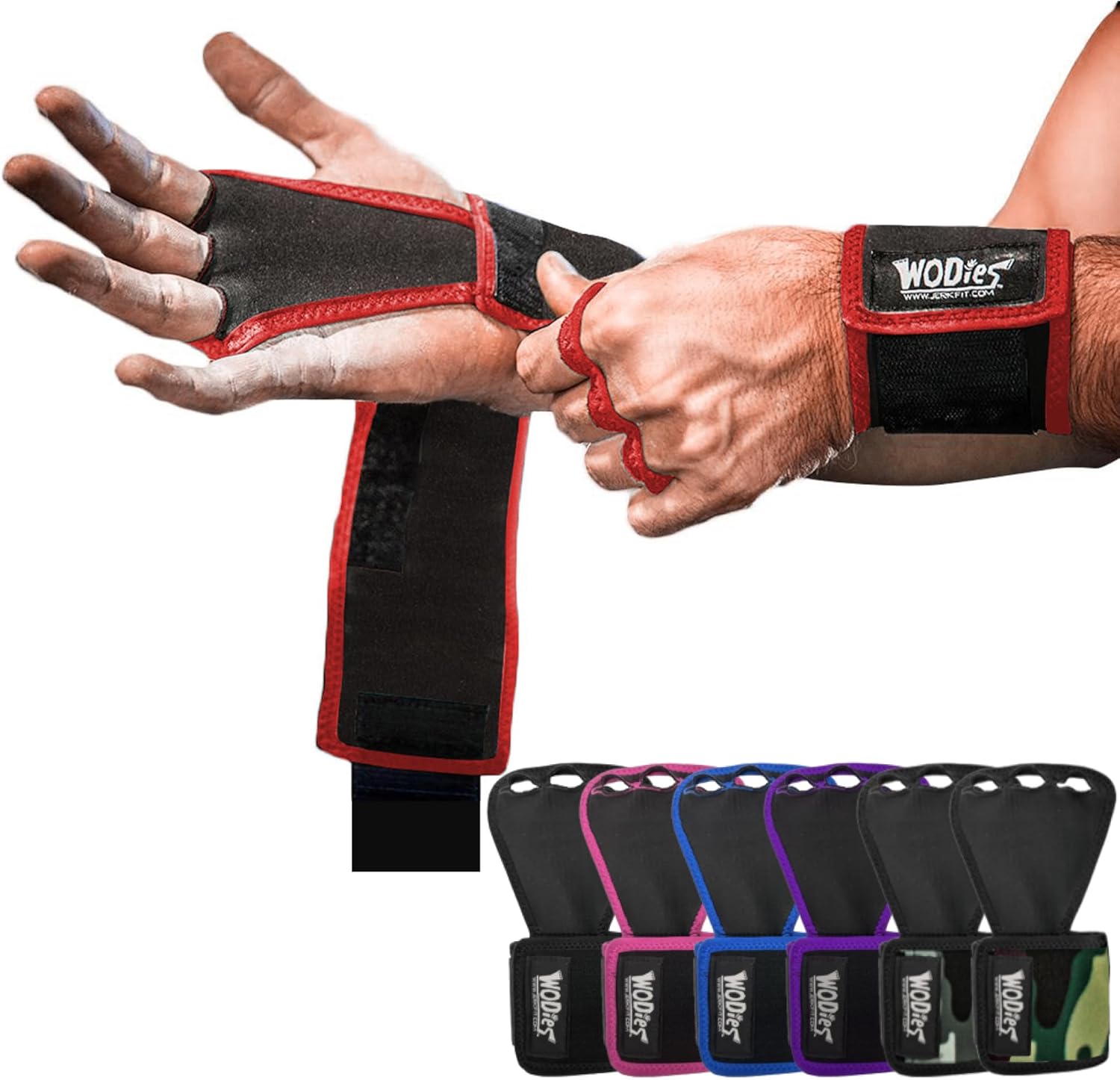 JerkFit WODies Gymnastics & Weightlifting Grips with Wrist Wraps – 3 Hole Versatile Gym Gloves for Pull Ups, Gym Training & Cross Training – Hand Grips Palm Protector for Men & Women