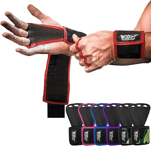 Miniatura 13 de JerkFit WODies - Agarres de gimnasia y levantamiento de pesas con muñequeras – Guantes de gimnasio versátiles de 3 agujeros para dominadas, Negro