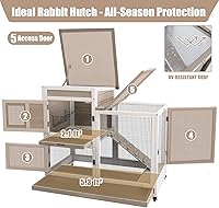 Vista 4 de PetsCosset Conejera de madera para interiores de 40 pulgadas de largo, grande, de 2 pisos, con carrera, 4 ruedas de metal y 2 bandejas más
