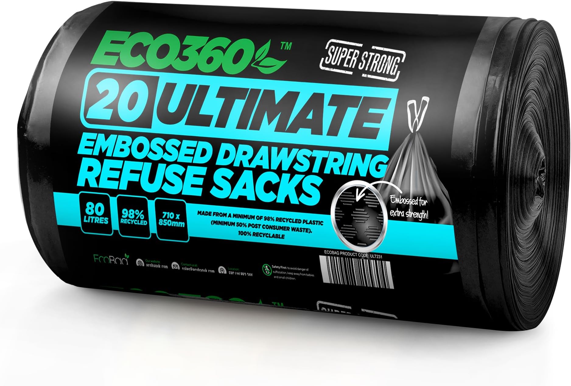 20-Pack Ultimate Embossed Black Drawstring Bin Liner Bin Bag Refuse Sacks Heavy Duty - 80L Capacity | Made from 98% Recycled Material | 100% Recyclable