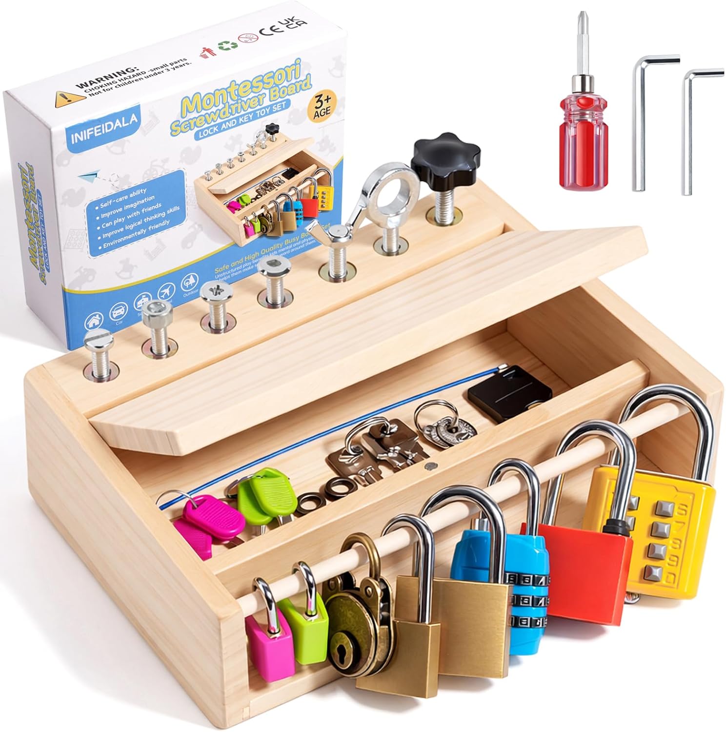 INIFEIDALA Montessori Toys for 3 4 5 Year Old,Montessori Screwdriver Board Set-Lock and Key Toy,Kids Tool Set,Preschool Learning Sensory Activities – Fine Motor Skills – STEM Toys