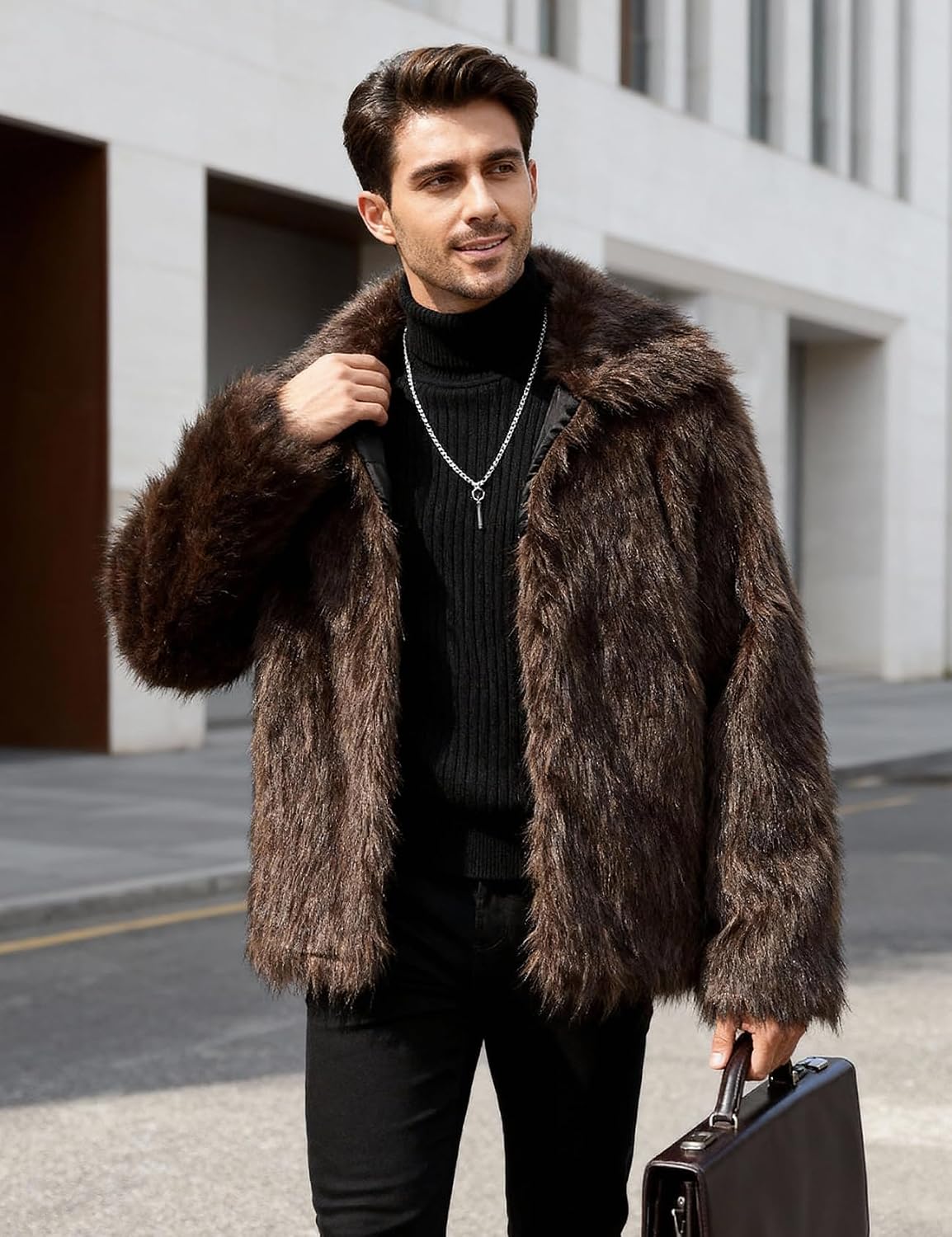 Eisctnd Men's Faux Fur Coat, Warm Fluffy Fuzzy Fleece Jacket with Lapel Collar for Winter Fashion Trench Outerwear
