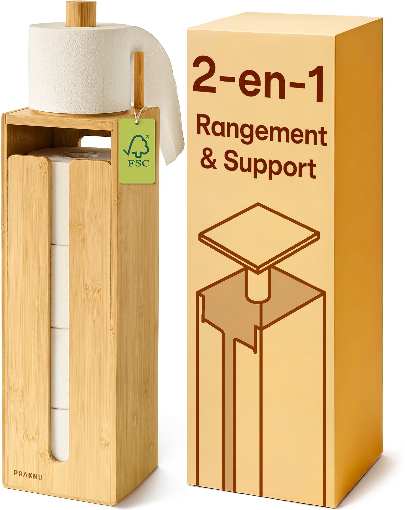 Praknu Porte Papier Toilette sur Pied Bois - Rangement Papier Toilette Bambou FSC avec Couvercle Magnétique pour 4 Rouleaux - Peu Encombrant - Antidérapant