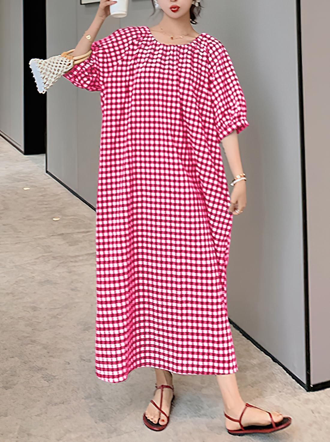chouyatou Women's Casual Gingham Loose-Fit Swing Dress Cotton Lantern Puff Sleeve Plaid Midi Long Dress - Image 6
