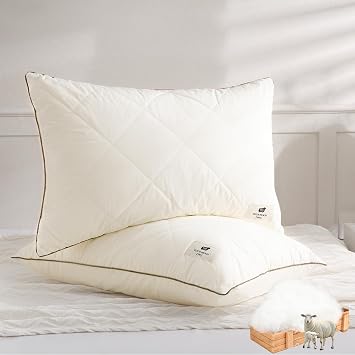 YOUR MOON Wool Pillow Standard Size Set of 2, Natural Wool & Down Alternative Filling, Luxury Hotel Quality Pillows, Soft Support Bed Pillows for Sleeping, 100% Cotton Cover Off White