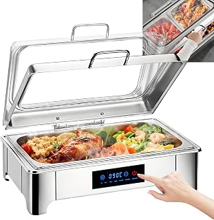 Elektrischer Chafing Dish Glasdeckel, 9L Edelstahl Speisewärmer Buffetwärmer Elektrisch Einstellbarer Temperatur, Warmhaltebehälter Essen Elektrisch mit Abnehmbarer Heizplatte(Full Pan)