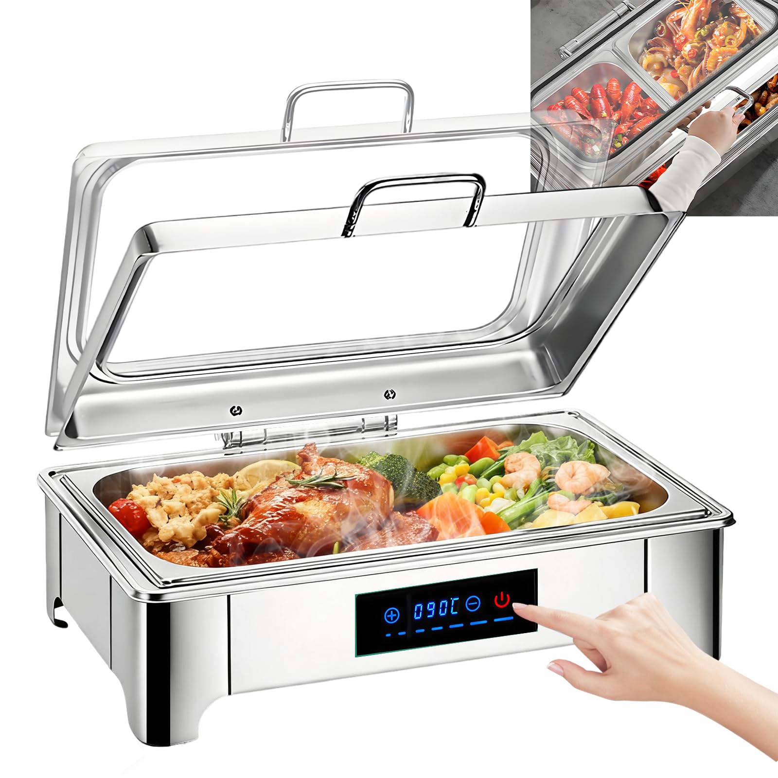 Chafing Dish Elettrico, 9L, 400W, Temperatura Regolabile(Full Pan) | Professionale Scaldavivande Elettrico per Buffet Acciaio Inox, Scaldavivande Catering Buffet con Coperchio Trasparente