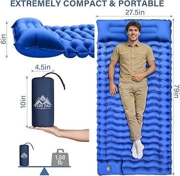 FUN PAC Camping Sleeping Pad with Pillow Built-in Foot Pump Inflatable Sleeping Mat Compact for Camping Backpacking Hiking Traveling - Blue