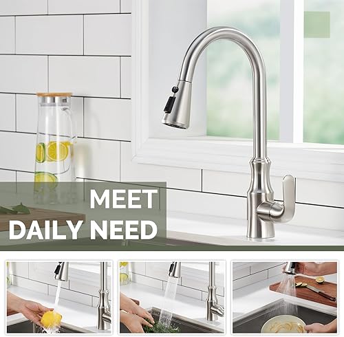 Miniatura 3 de Angle Simple - Cabezal de grifo de cocina de repuesto de níquel cepillado, 3 funciones, cabezal de grifo Aquablade dual para fregadero de cocina,