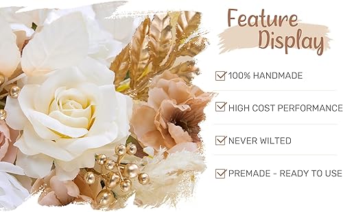 Miniatura 4 de Kit de flores para arco de boda con cortinas (paquete de 4) 2 guirnaldas artificiales beige de lujo con 2 cortinas transparentes para ceremonia de
