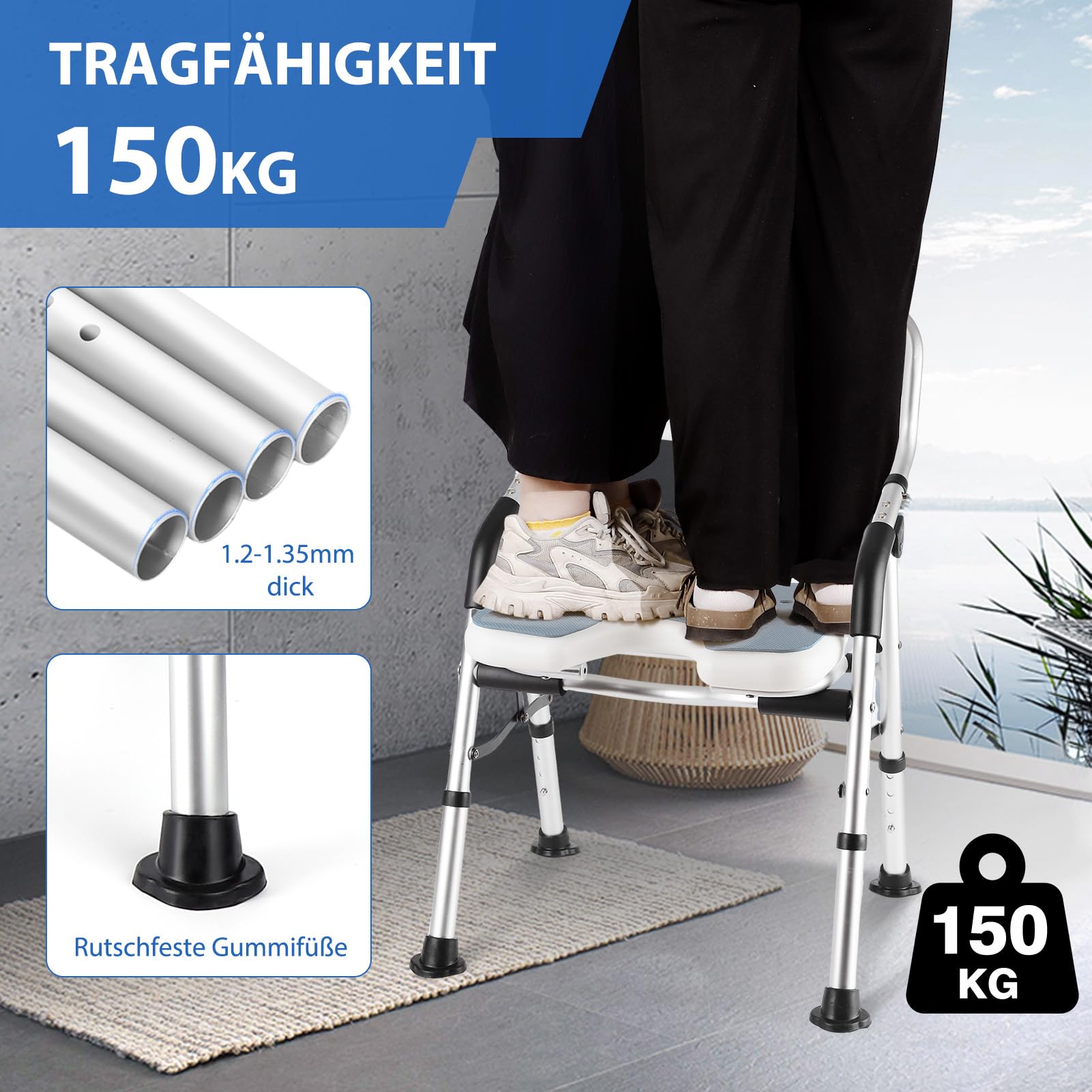 DEWEL Duschstuhl für Senioren, Duschstuhl Klappbar mit Rückenlehne und Armlehne, 4-Stufige Höhenverstellbarer, mit Duschbrausenhalter - Werkzeugfreie Montage, Tragfähigkeit von 150 kg (Grau)