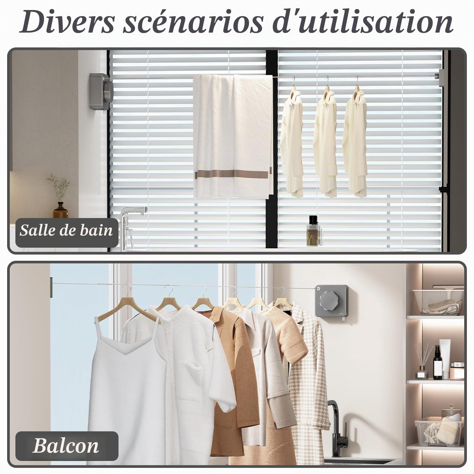 Séchoir Extensible INOX 4,2m - Anti-Affaissement & Auto-Rétractable - Support 20kg - Installation Murale (Salle de Bain/Balcon/Buanderie) -Gris