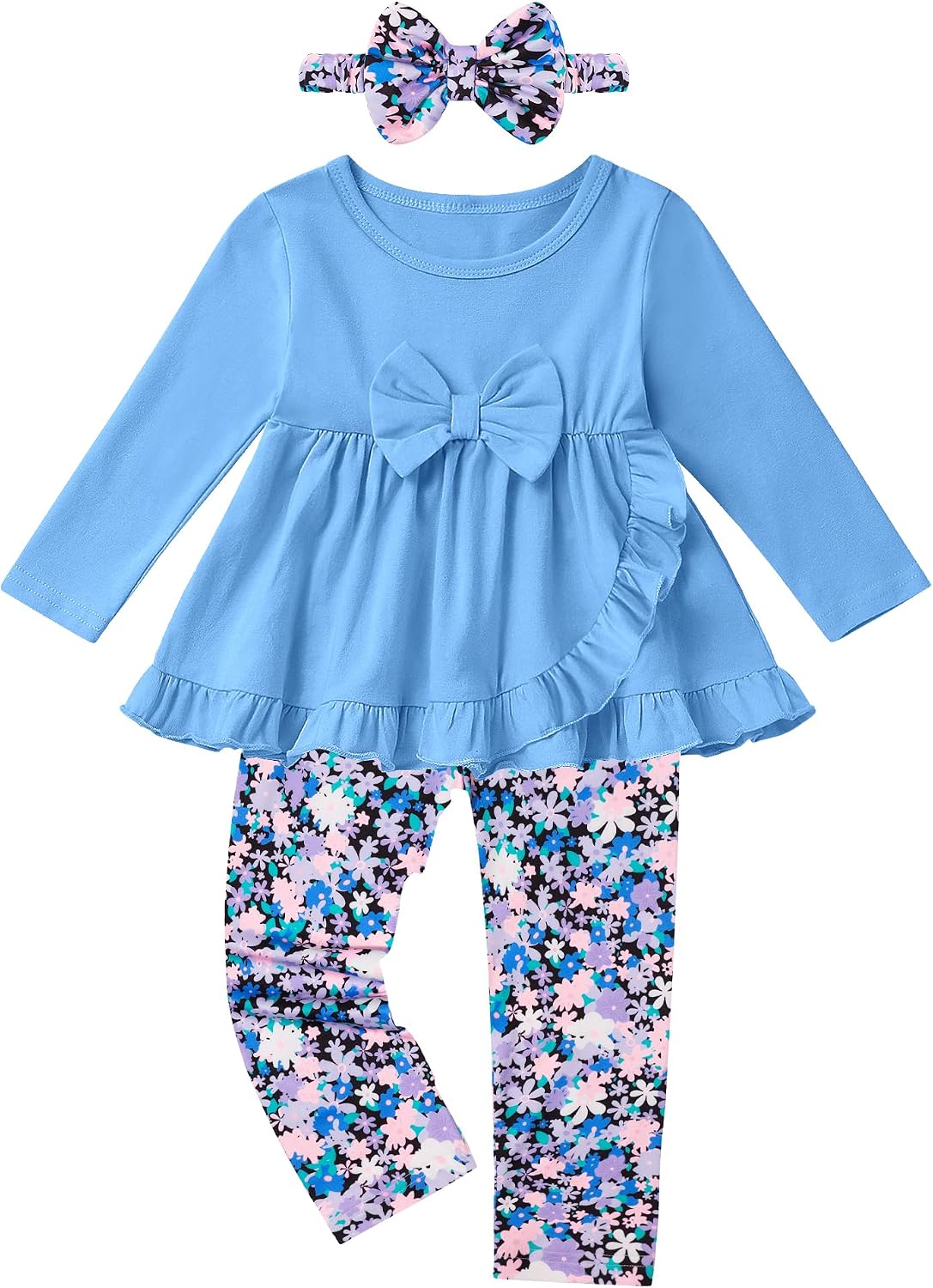 oklady Toddler Girl Clothes Unique Bow and Ruffled Design Tops Floral Pants with Headband,Toddler Girl Outfits Size 18M-5T